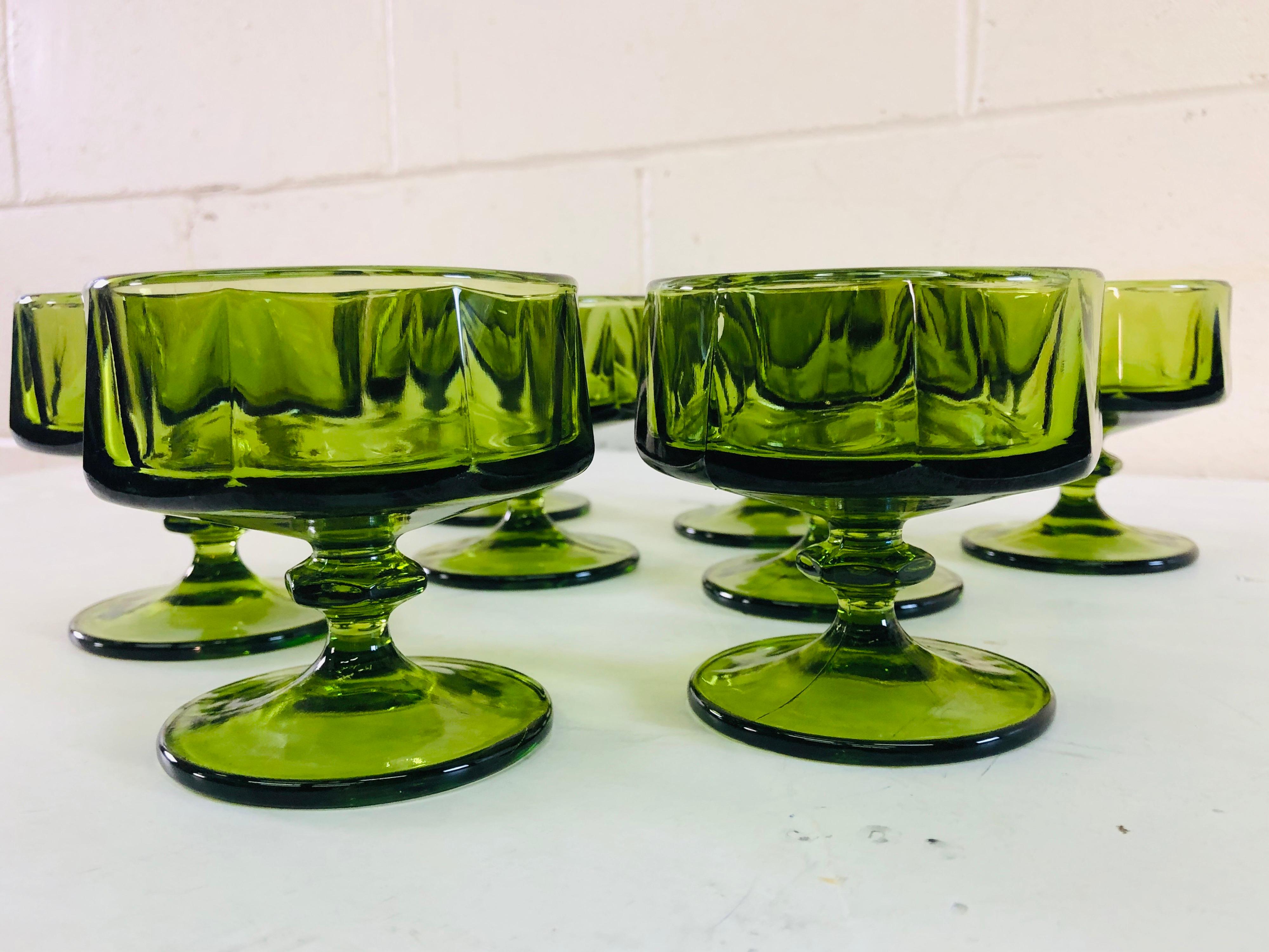 Vintage 1960s Green Glass Low Coupes, Set of 8 1