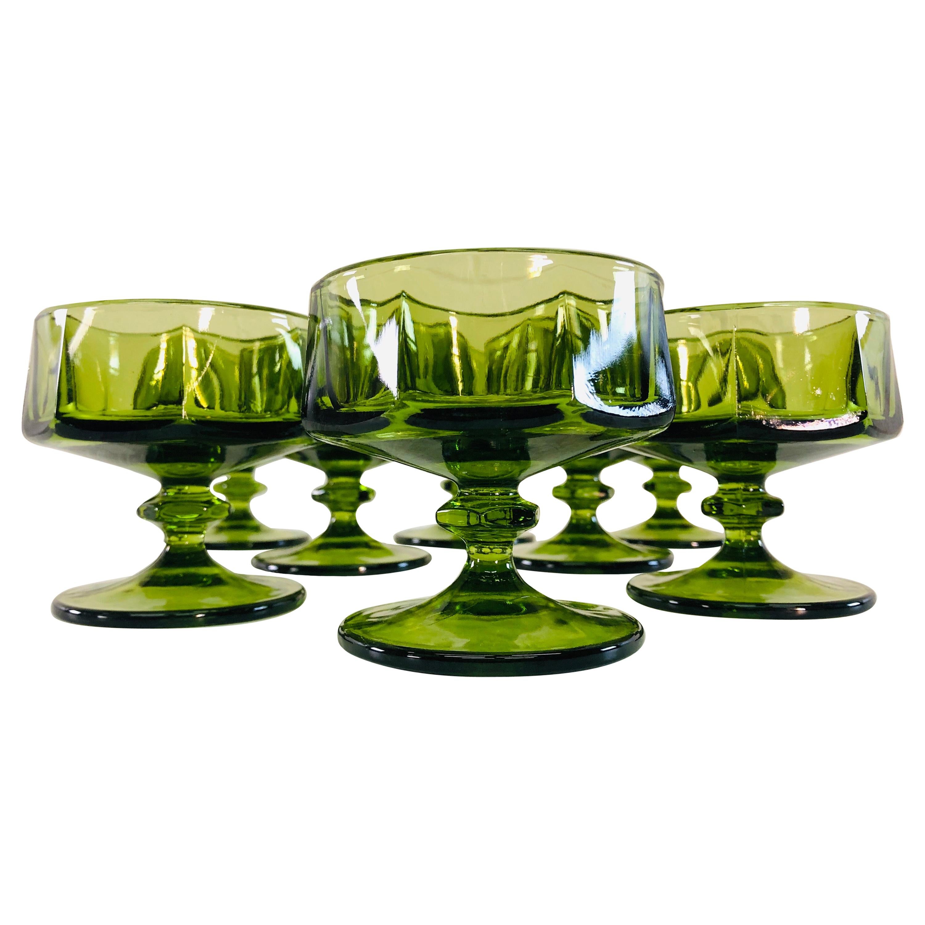 Vintage 1960s Green Glass Low Coupes, Set of 8