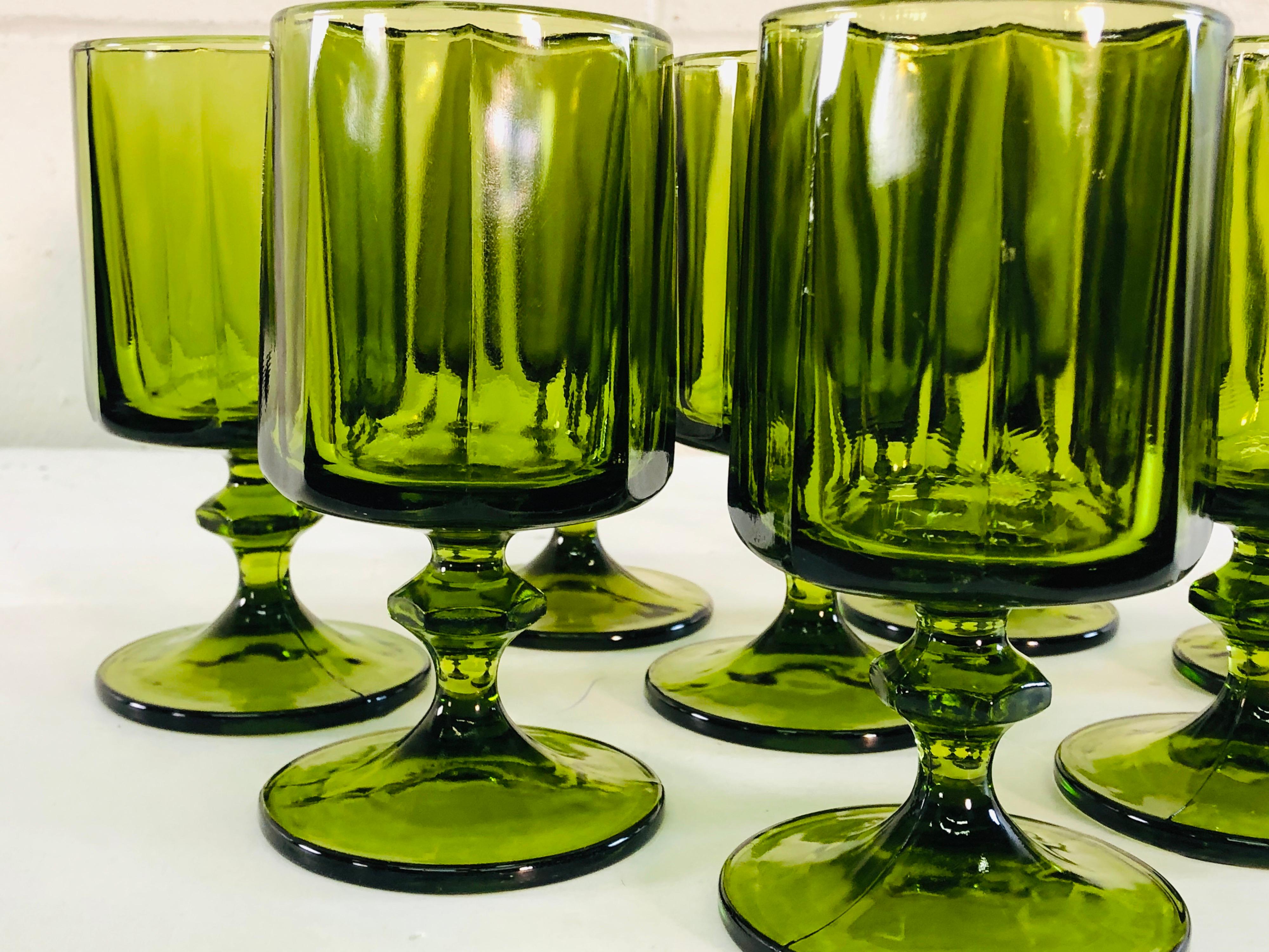 Mid-Century Modern Vintage 1960s Green Glass Tall Water Stems, Set of 8 For Sale
