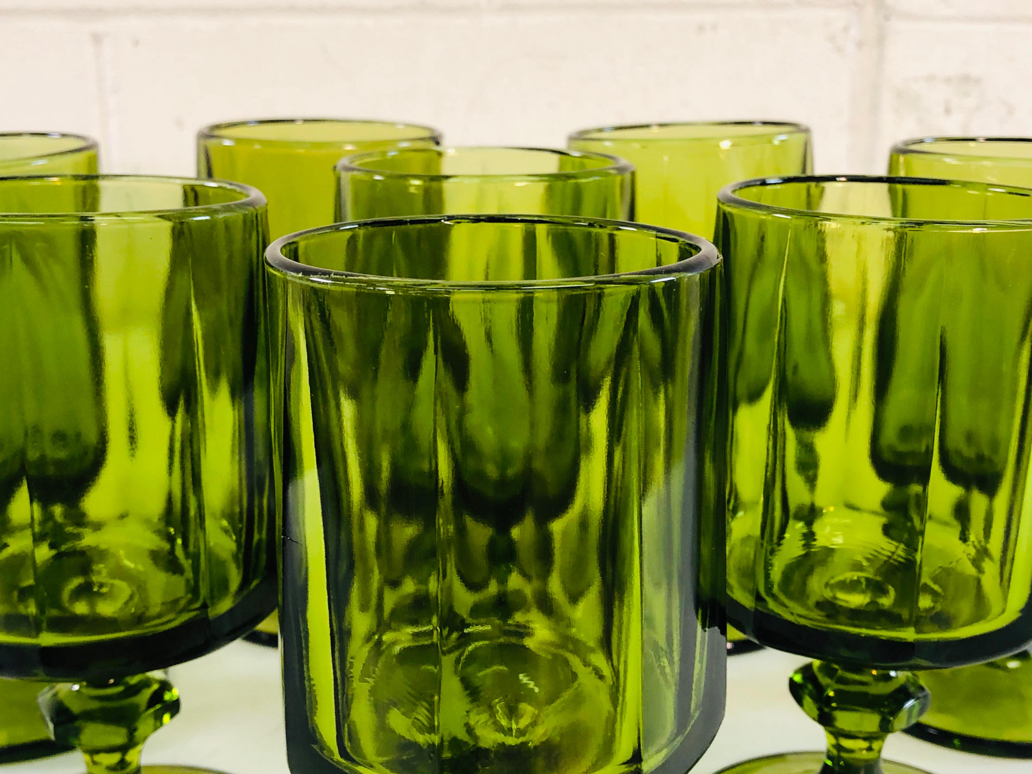 American Vintage 1960s Green Glass Tall Water Stems, Set of 8 For Sale