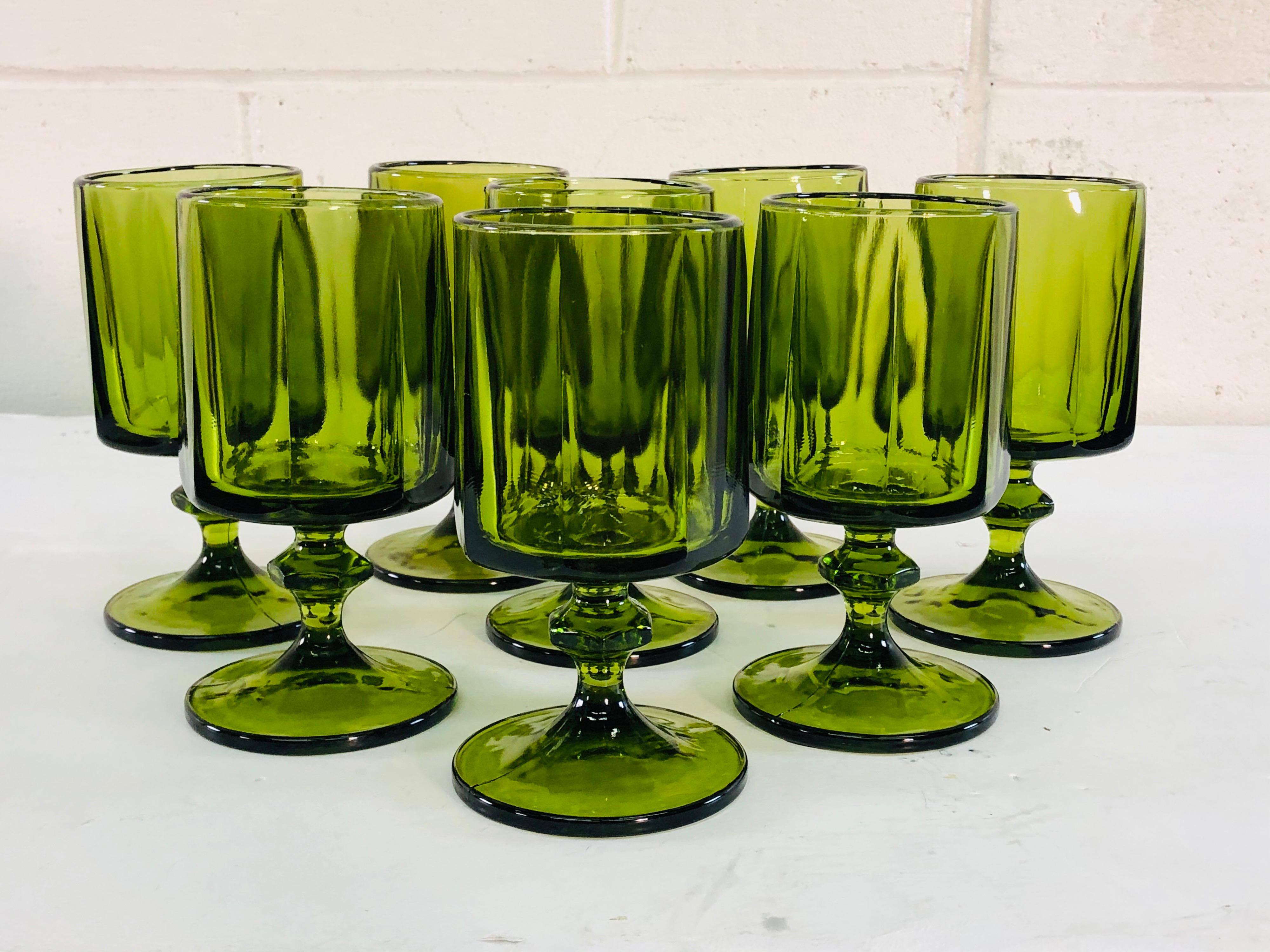 20th Century Vintage 1960s Green Glass Tall Water Stems, Set of 8 For Sale