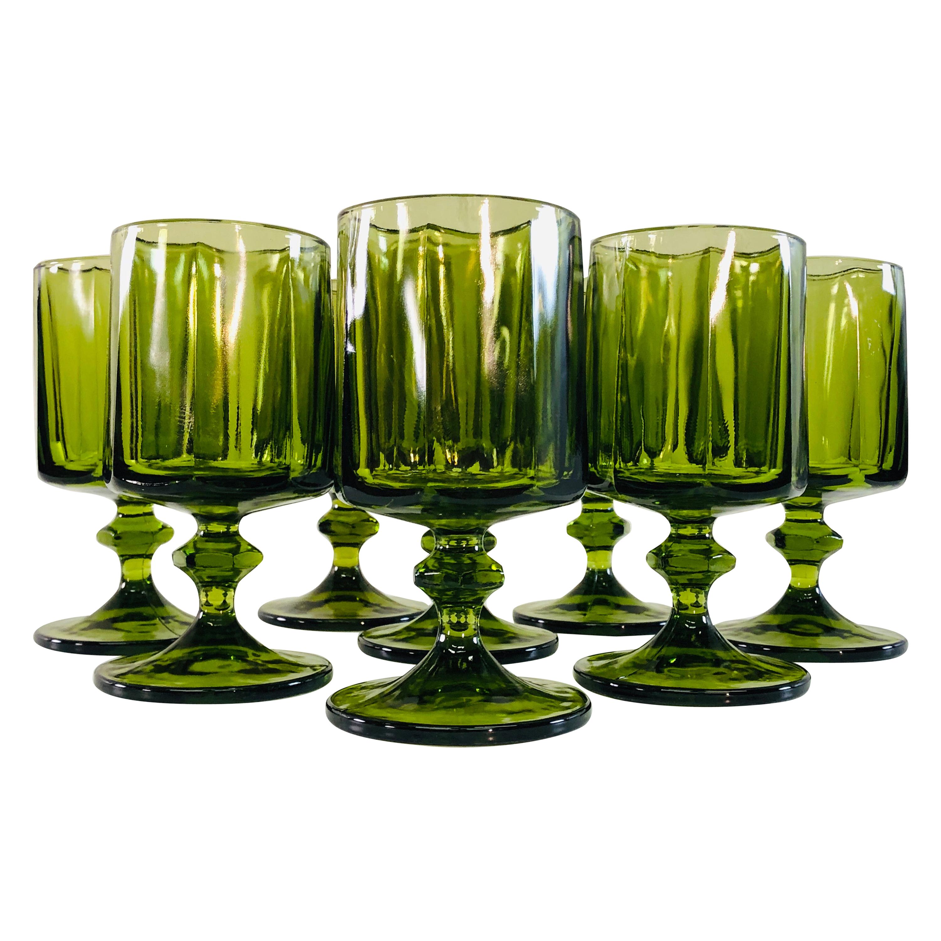 Vintage 1960s Green Glass Tall Water Stems, Set of 8 For Sale