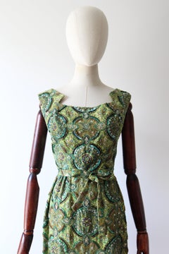 Vintage 1960's green paisley beaded Pat Sandler Cocktail dress UK 6 US 2