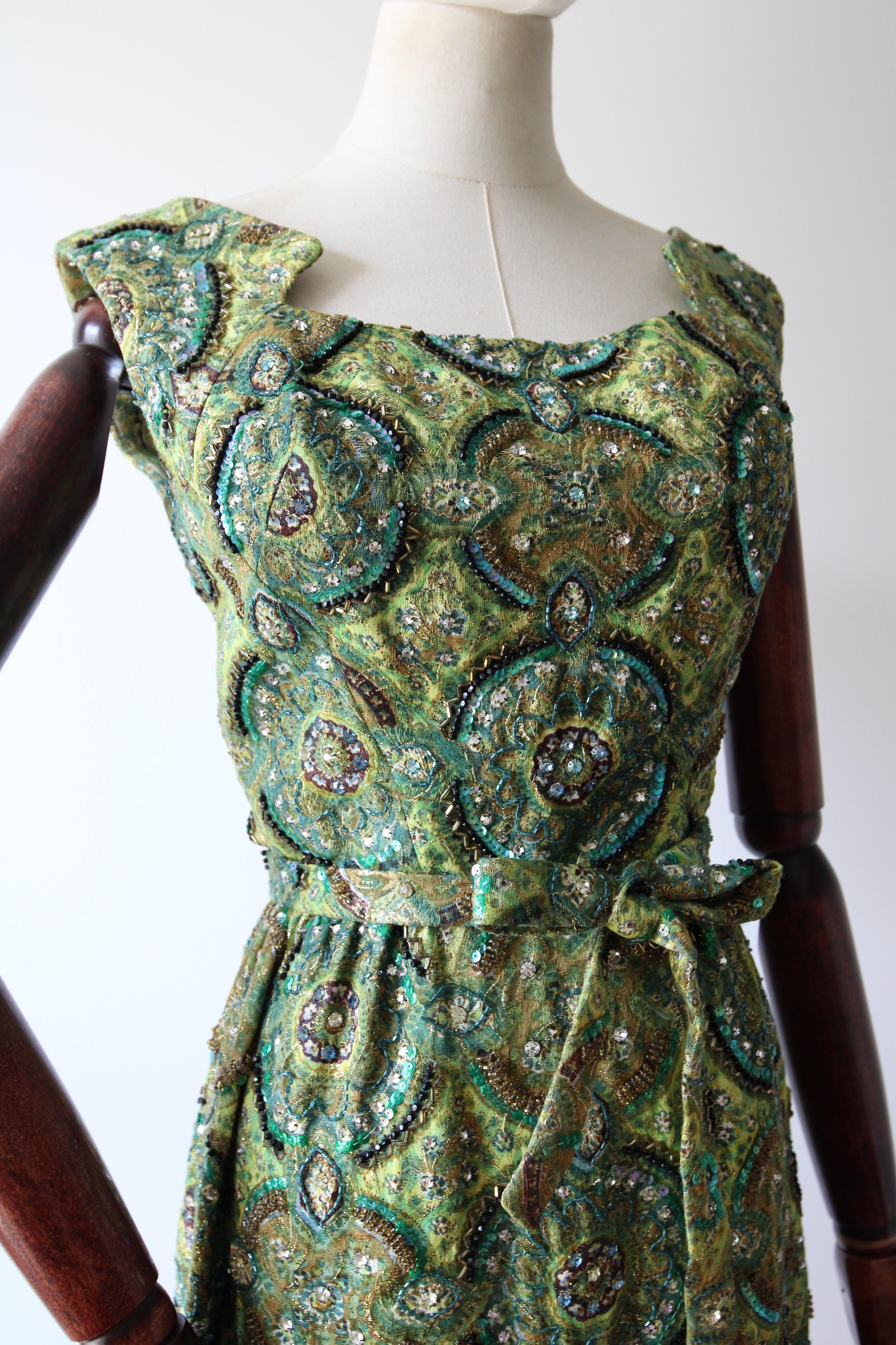 Vintage 1960er Jahre Grün Paisley Perlen Pat Sandler Cocktailkleid UK 6 US 2 im Angebot 1