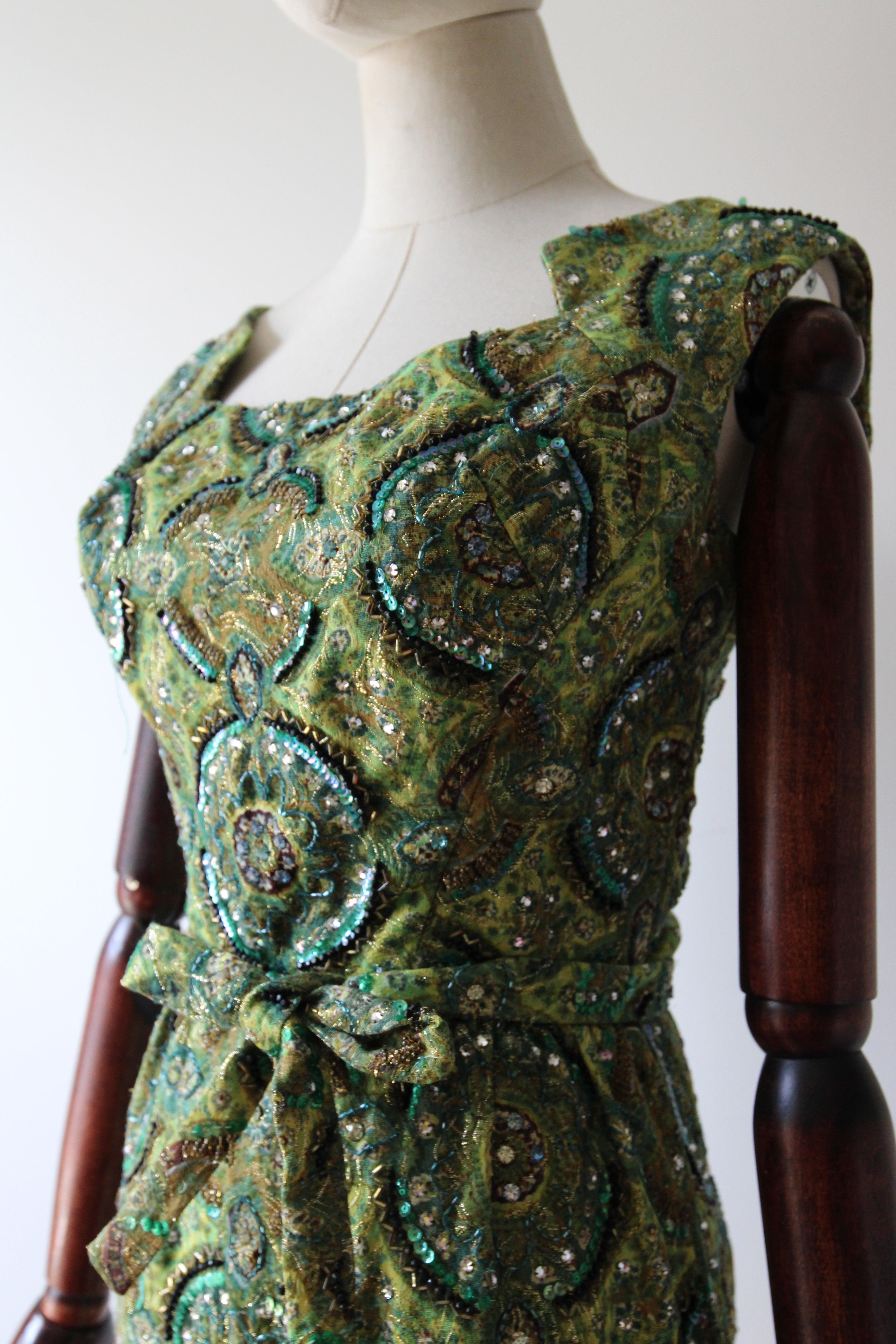 Vintage 1960er Jahre Grün Paisley Perlen Pat Sandler Cocktailkleid UK 6 US 2 im Angebot 4