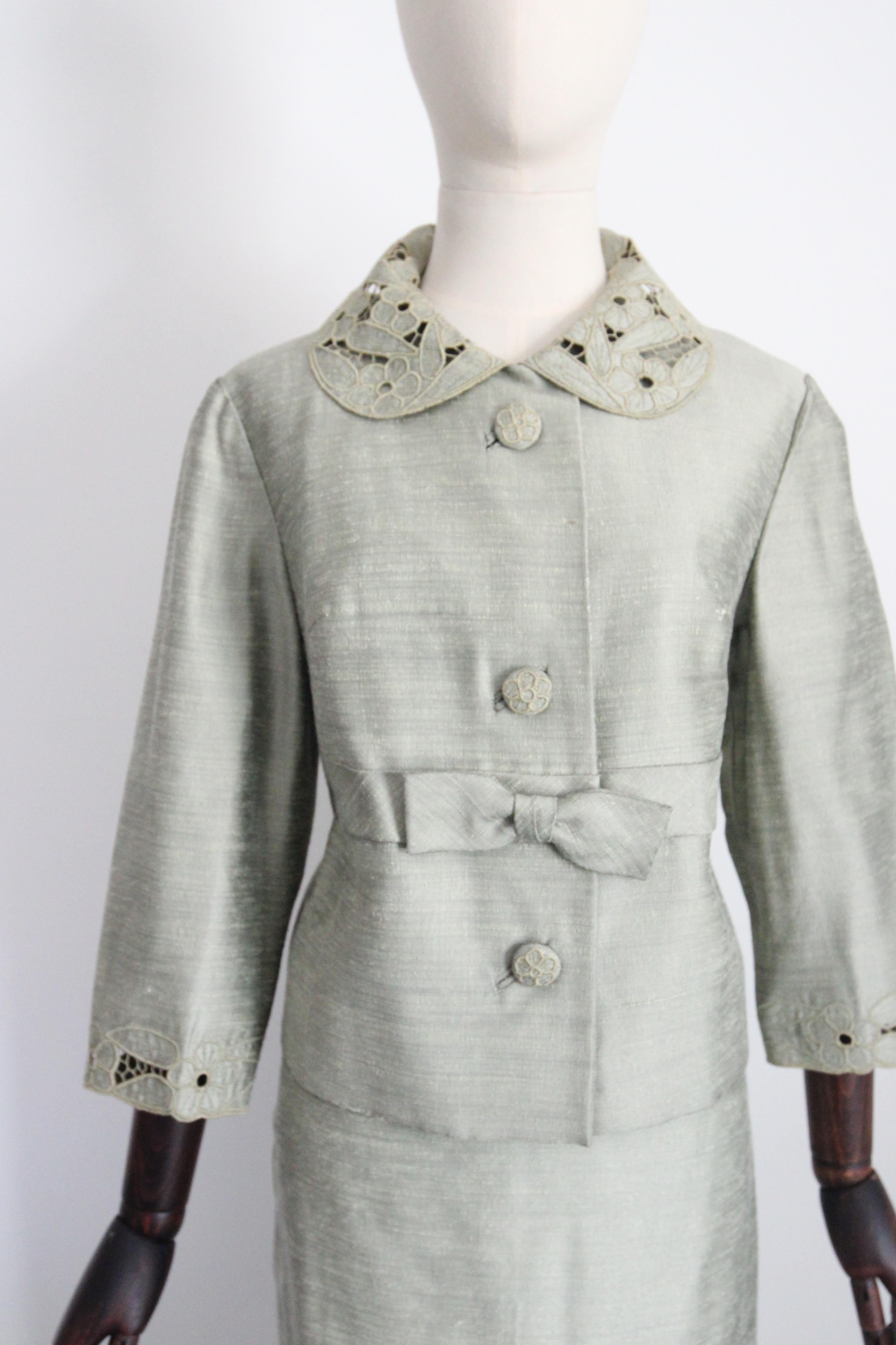 Gray Vintage 1960's Green Sage Silk Skirt Suit Vintage 1960's Suit UK 8-10 US 4-6 For Sale