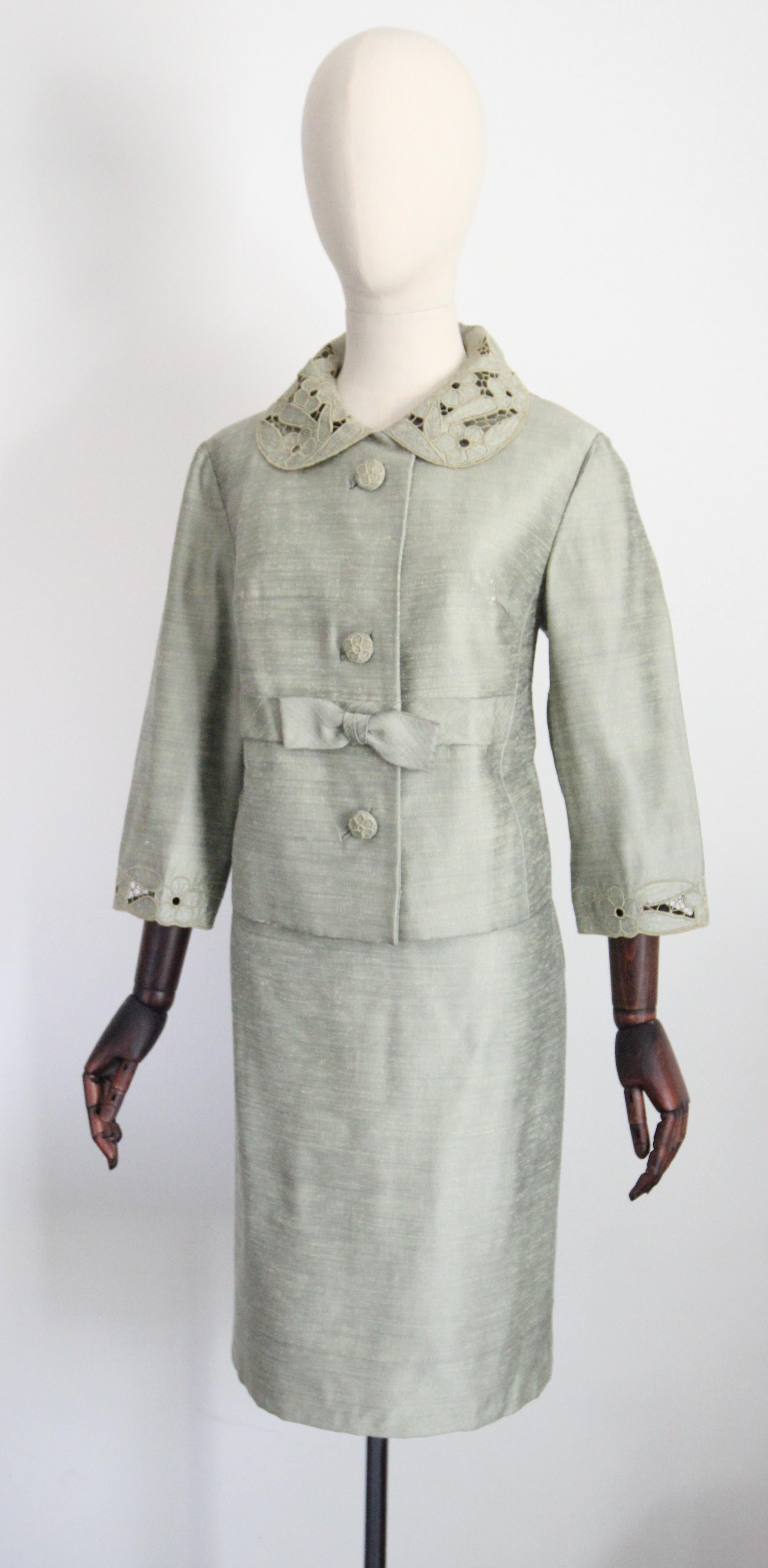Vintage 1960's Green Sage Silk Skirt Suit Vintage 1960's Suit UK 8-10 US 4-6 For Sale 1