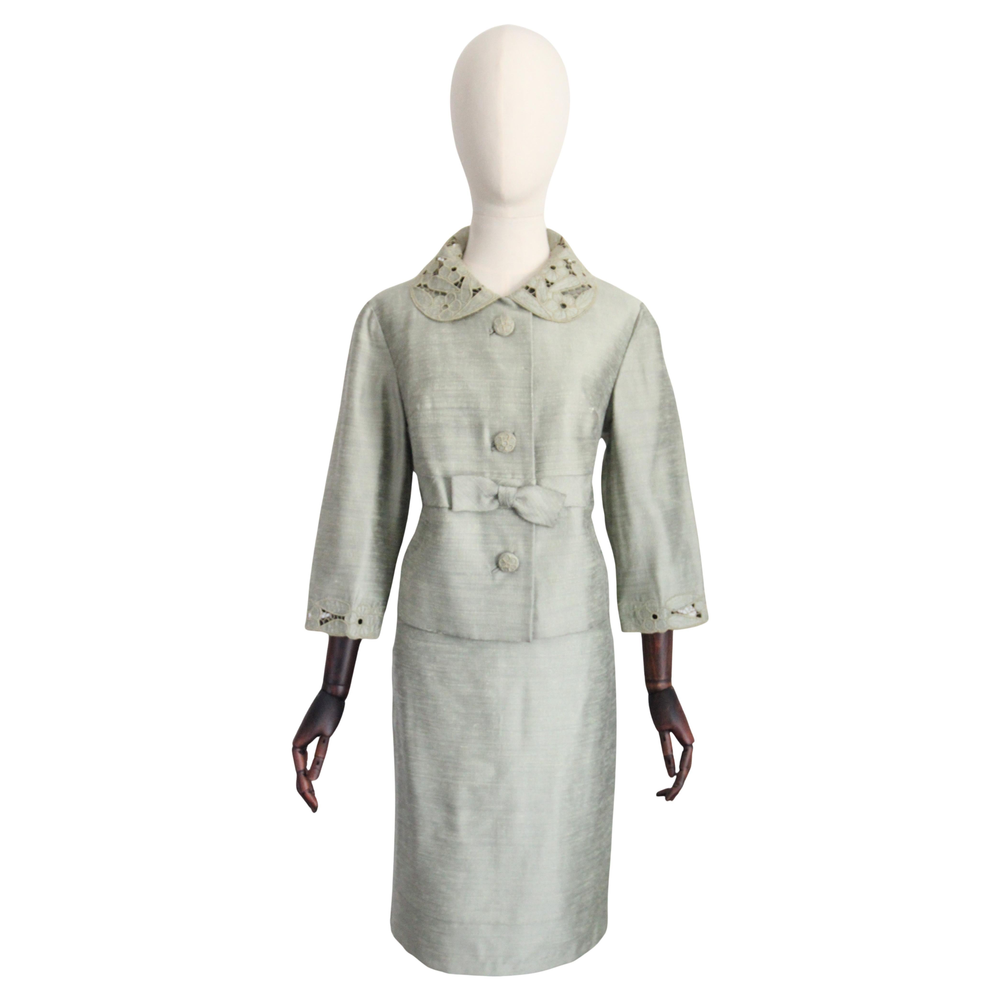 Vintage 1960's Green Sage Silk Skirt Suit Vintage 1960's Suit UK 8-10 US 4-6 For Sale