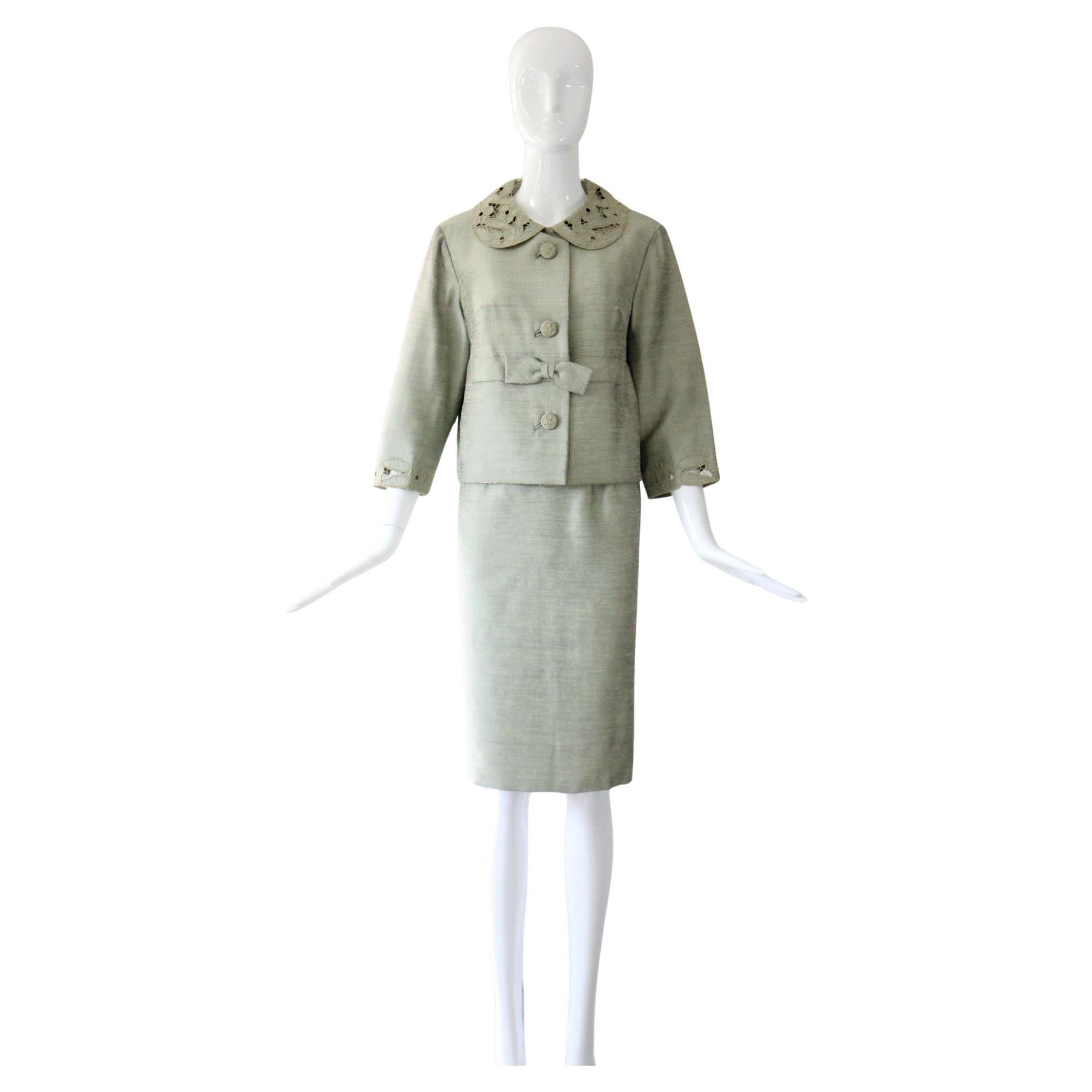 Traje falda seda verde salvia vintage años 60 Traje vintage años 60 UK 8-10 US 4-6