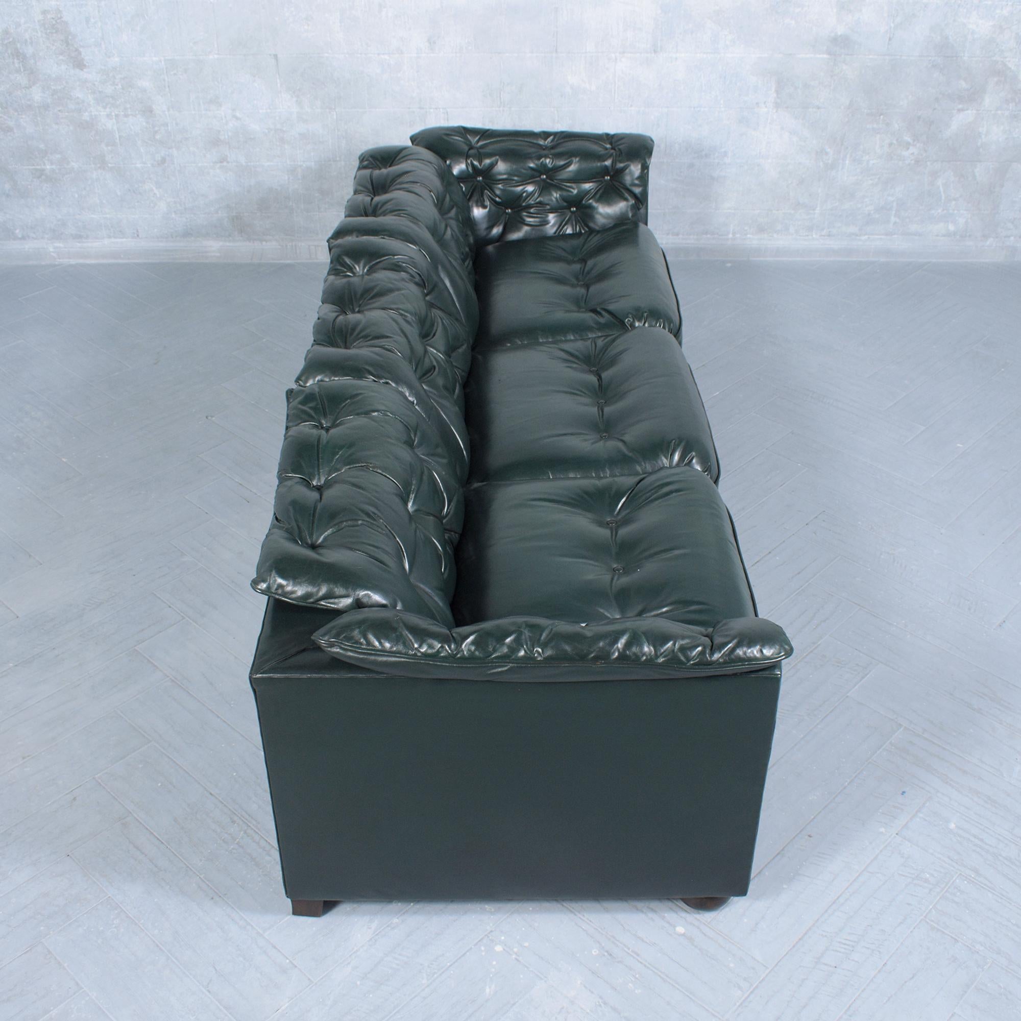 Carved 1960s Vintage Emerald Green Tufted Chesterfield Leather Sofa