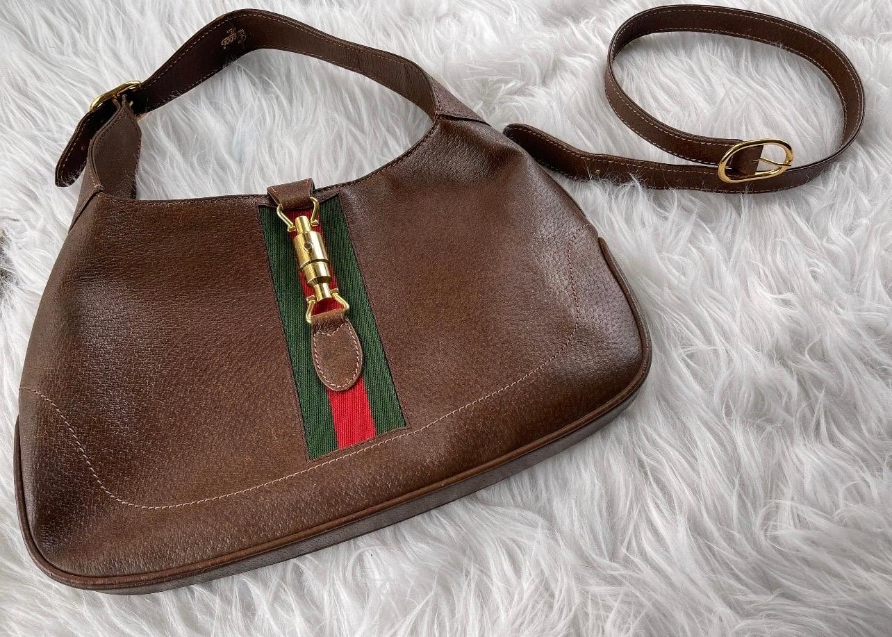 Women's or Men's Vintage 1960s Gucci Brown Leather Iconic Jackie O Shoulder Bag with Gucci Web