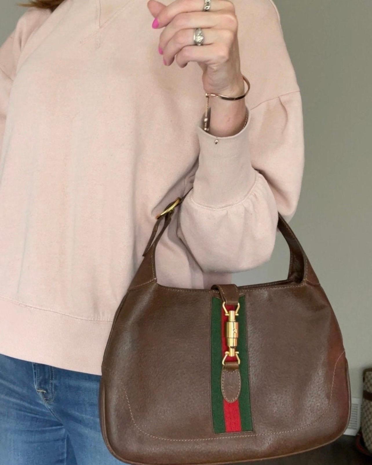 Vintage 1960s Gucci Brown Leather Iconic Jackie O Shoulder Bag with Gucci Web 1