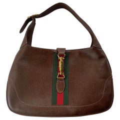 Vintage 1960s Gucci Brown Leather Iconic Jackie O Shoulder Bag with Gucci Web