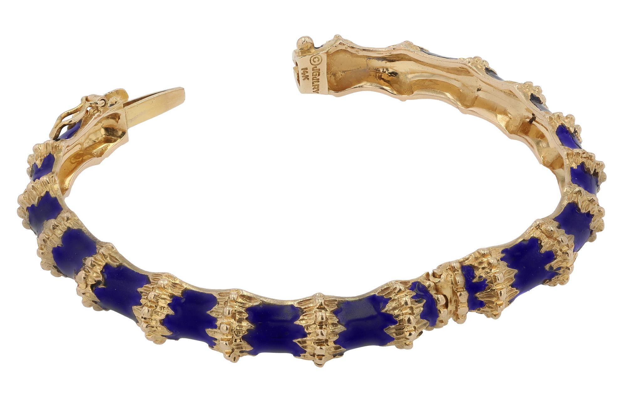Women's or Men's Vintage 1960s Gutschneider 14k Gold Blue Enamel Bangle Bracelet 27.9 Grams For Sale