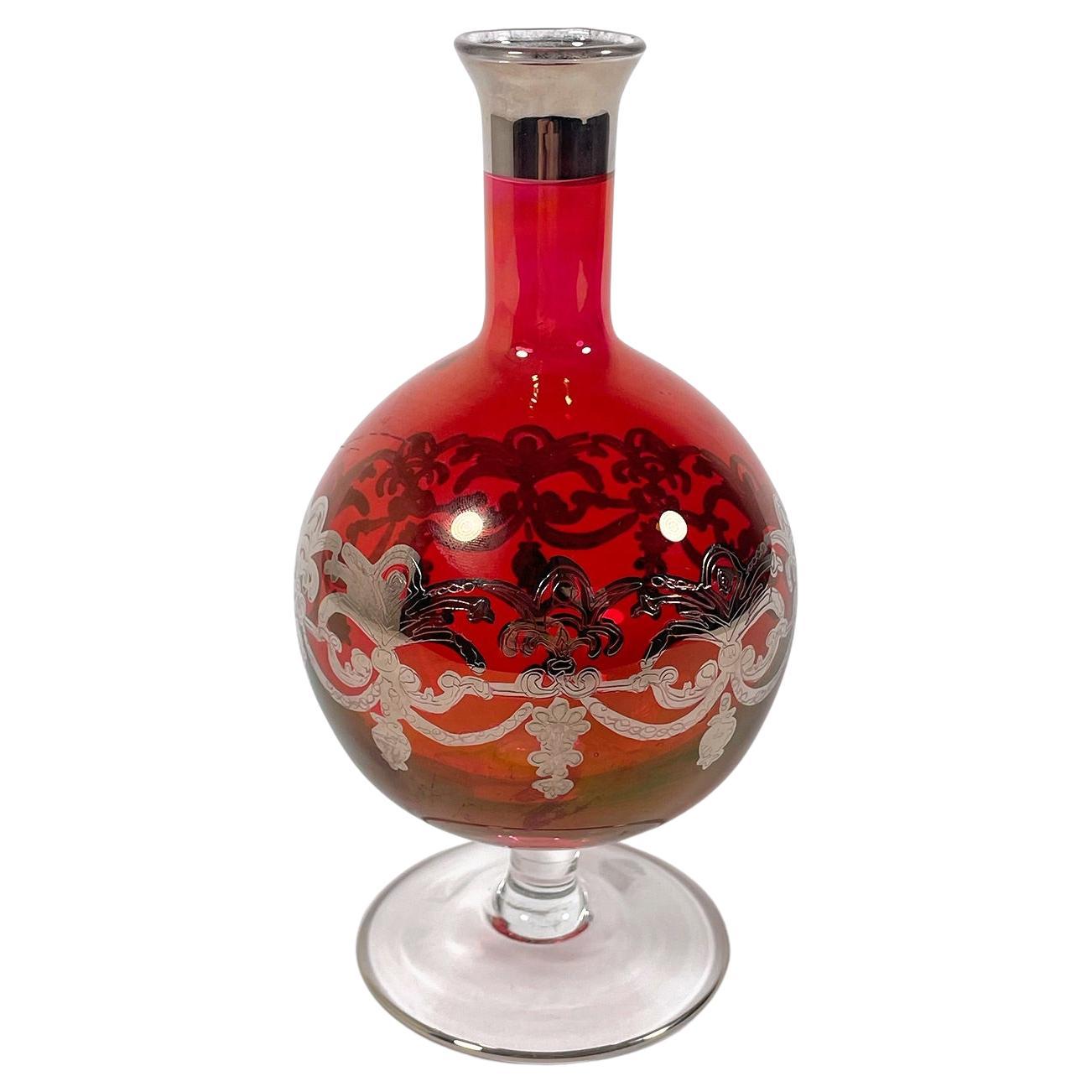 Vintage 1960s Hand-Blown Red Glass Vase with Silver Details