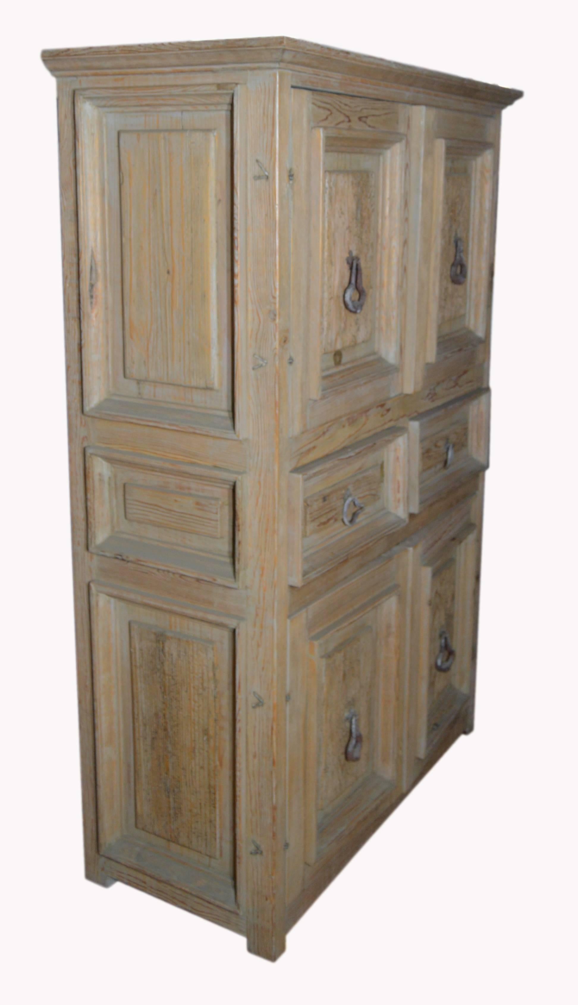 Vintage 1960s Hand-Carved Mexican Wooden Armoire with Four Doors and Two Drawers In Good Condition In Yonkers, NY