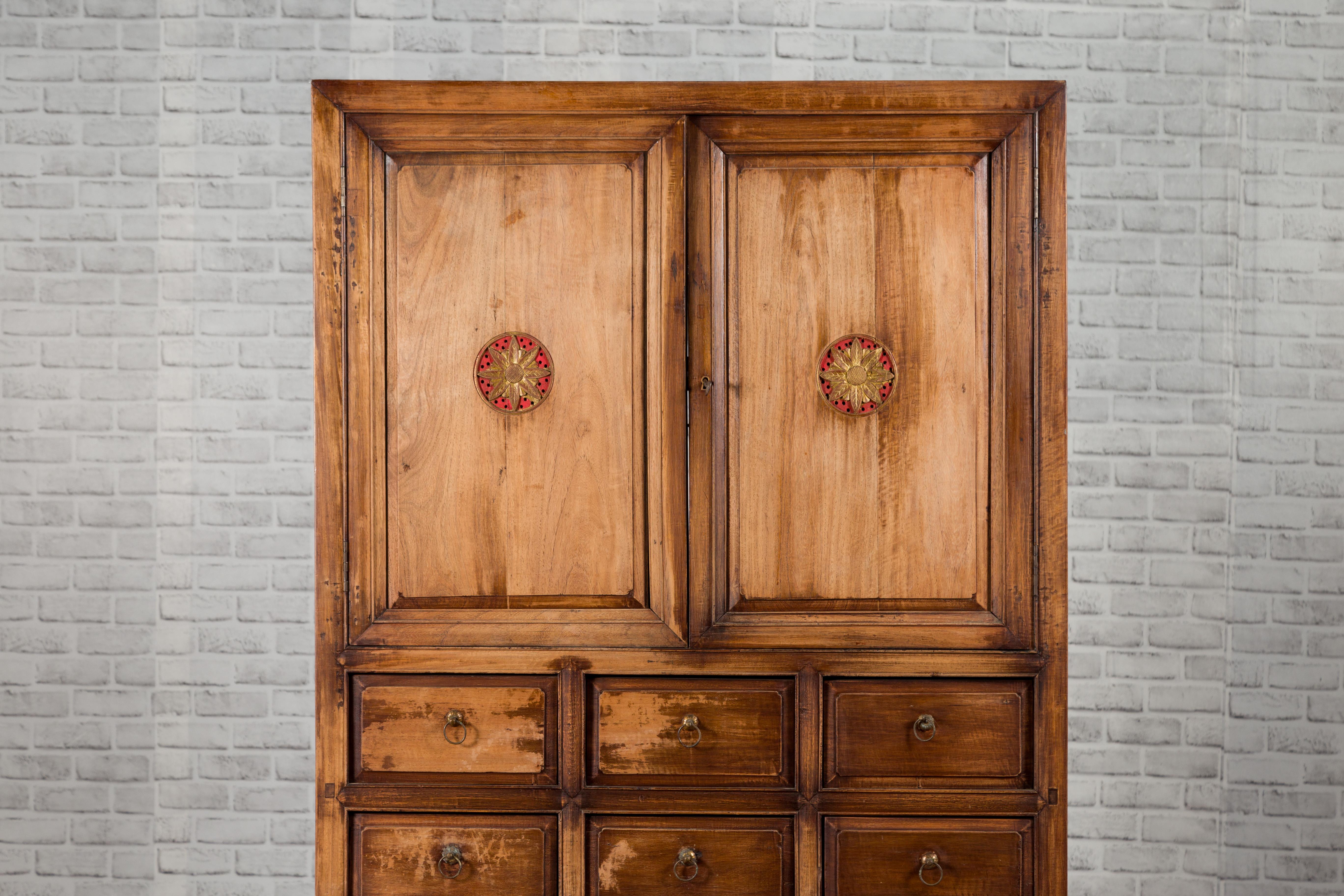 Taiwanese Vintage 1960s Hand-Carved Wooden Armoire from Taiwan with Doors and Drawers For Sale