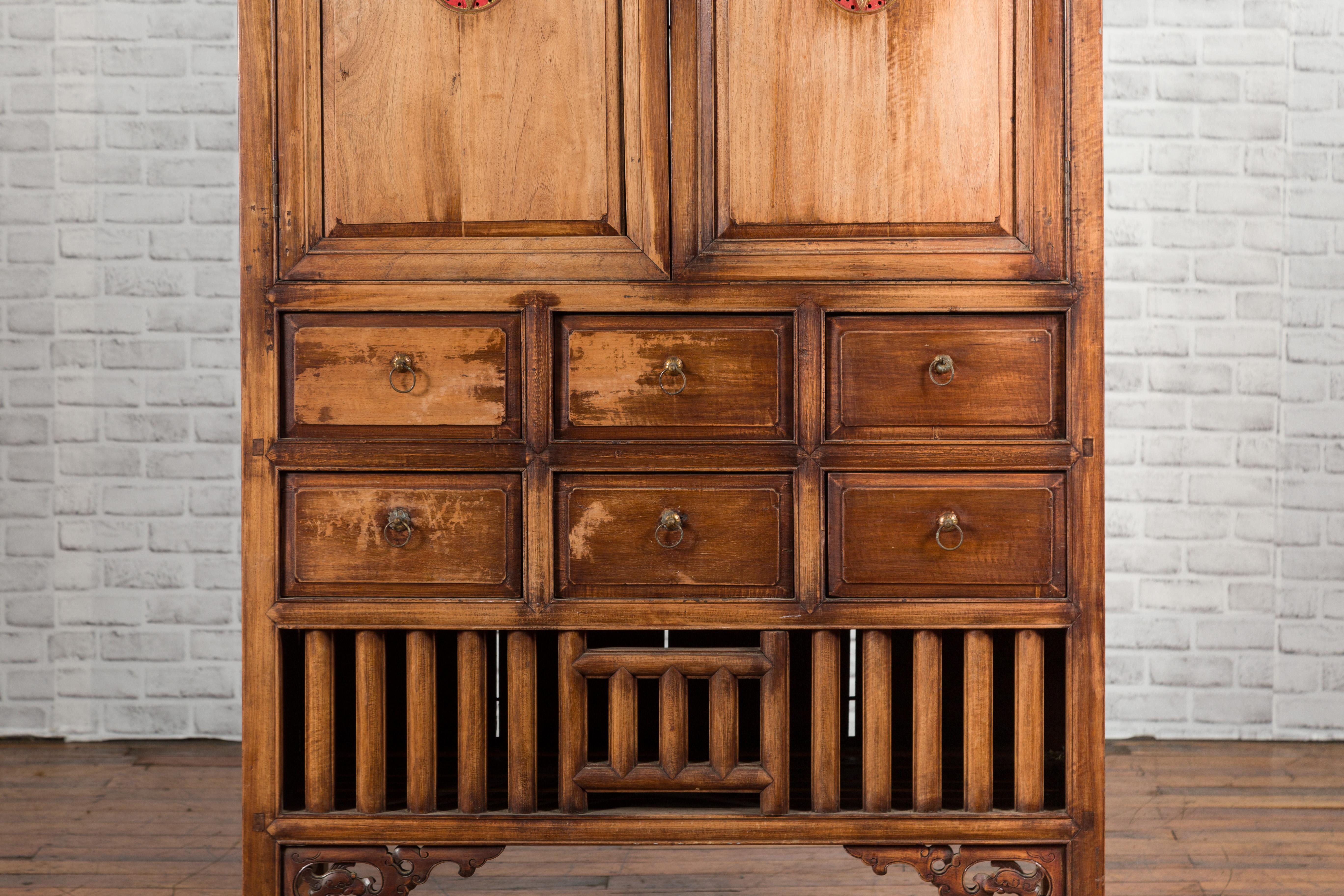 Vintage 1960s Hand-Carved Wooden Armoire from Taiwan with Doors and Drawers In Good Condition For Sale In Yonkers, NY