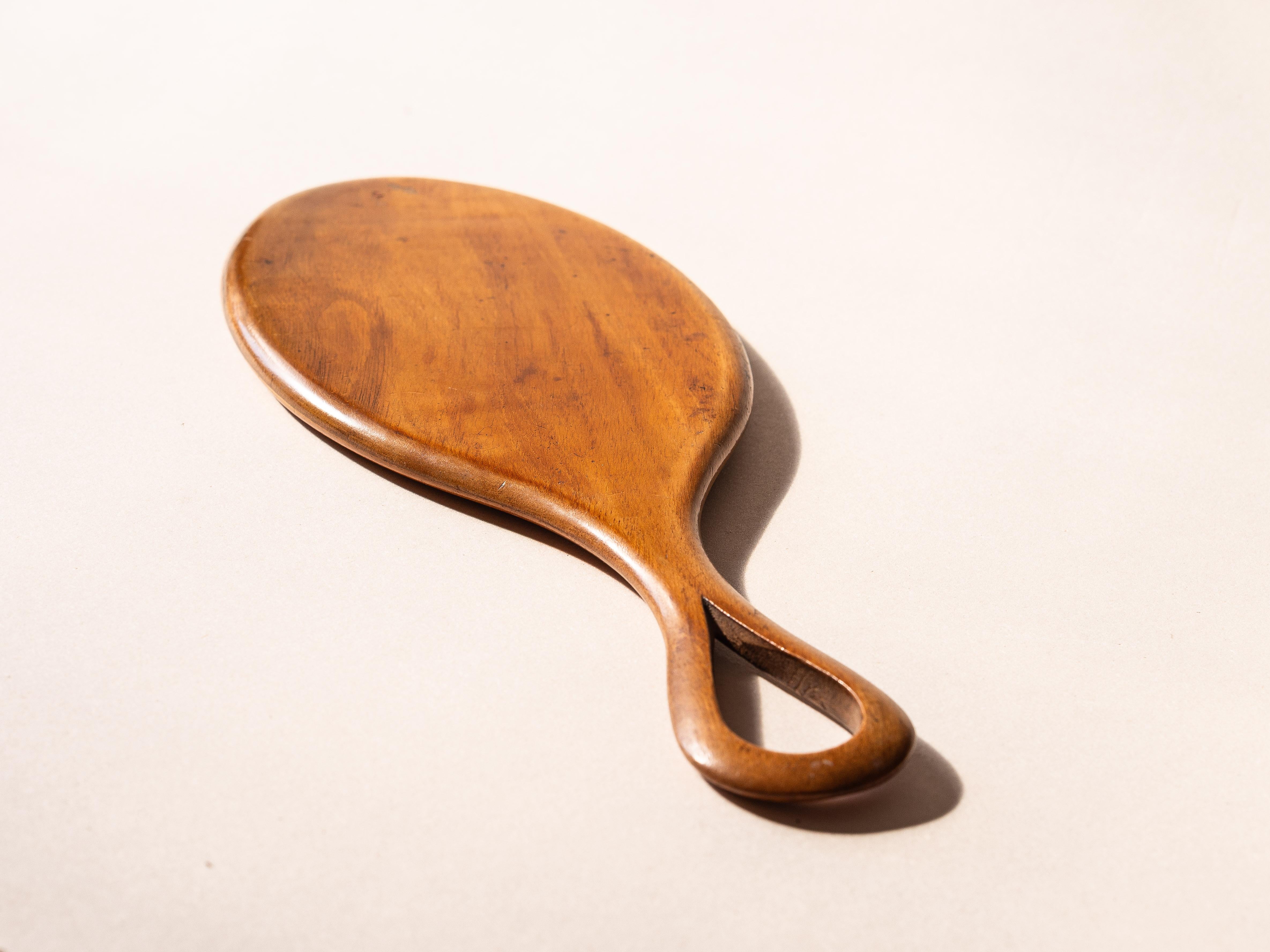Miroir à la main vintage des années 1960 en bois fruitier avec incrustation de nacre en vente 3