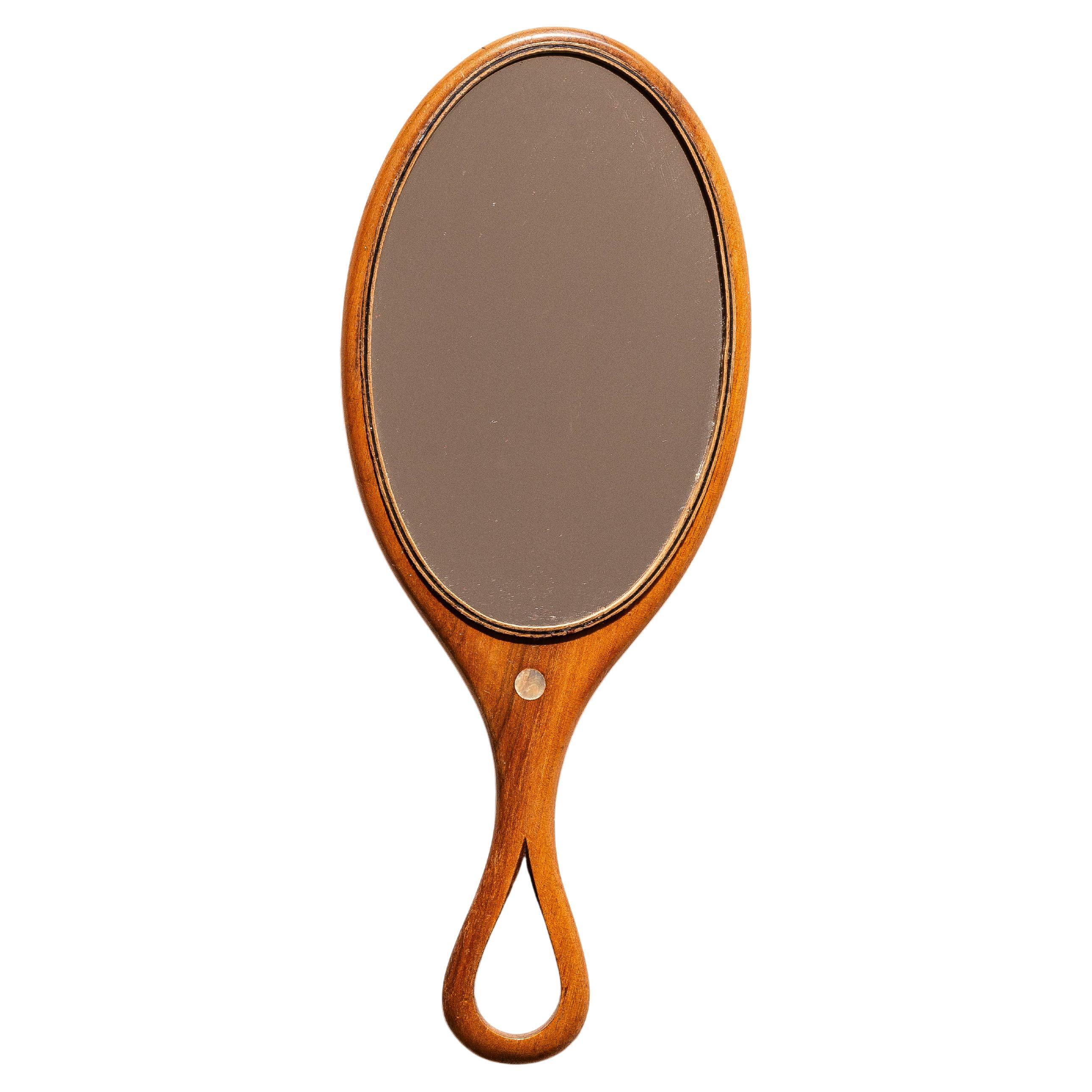 Vintage 1960s Hand Mirror in Fruitwood with Mother-of-Pearl Inlay