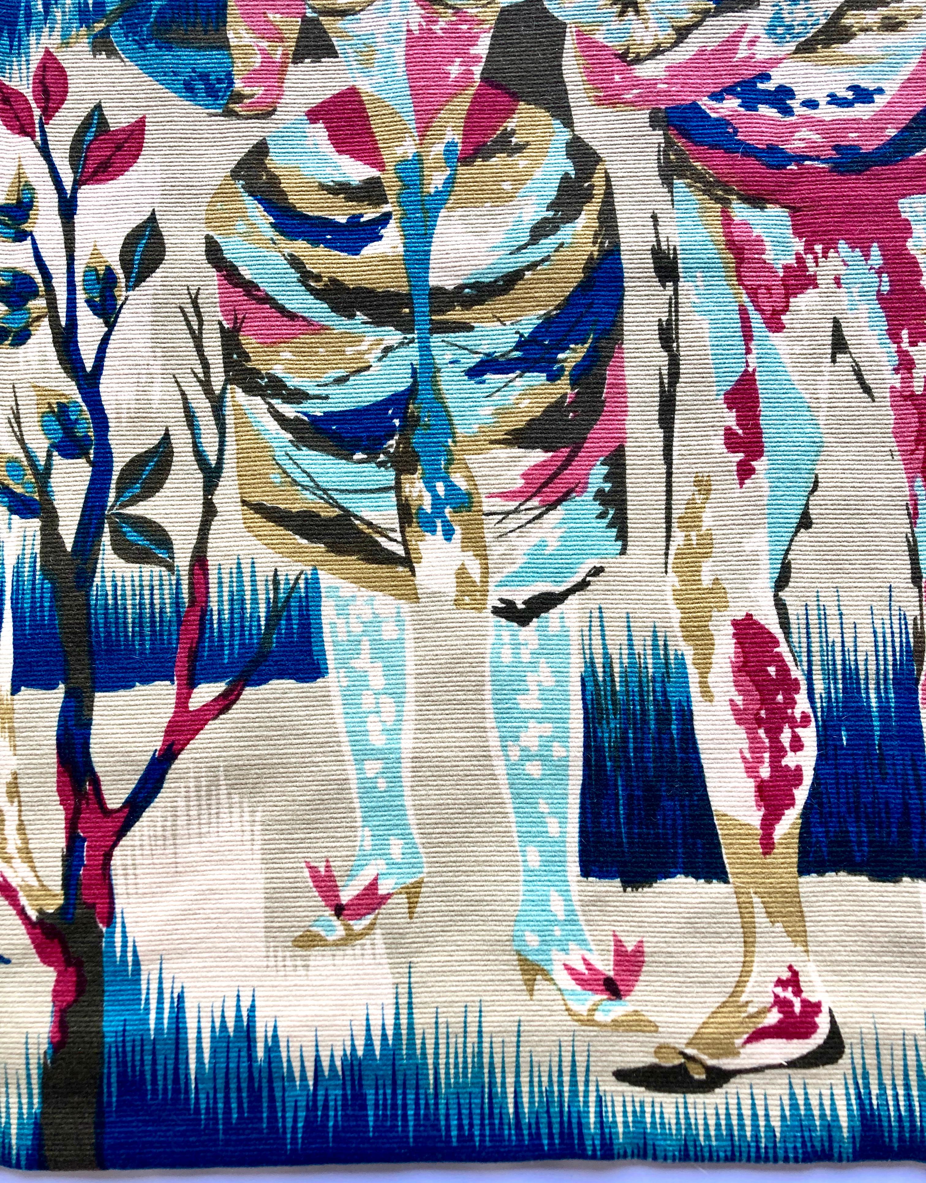 Vintage 1960s Hand-Printed French Wall Tapestry in Wool Signed by J.C. Bissery  For Sale 3