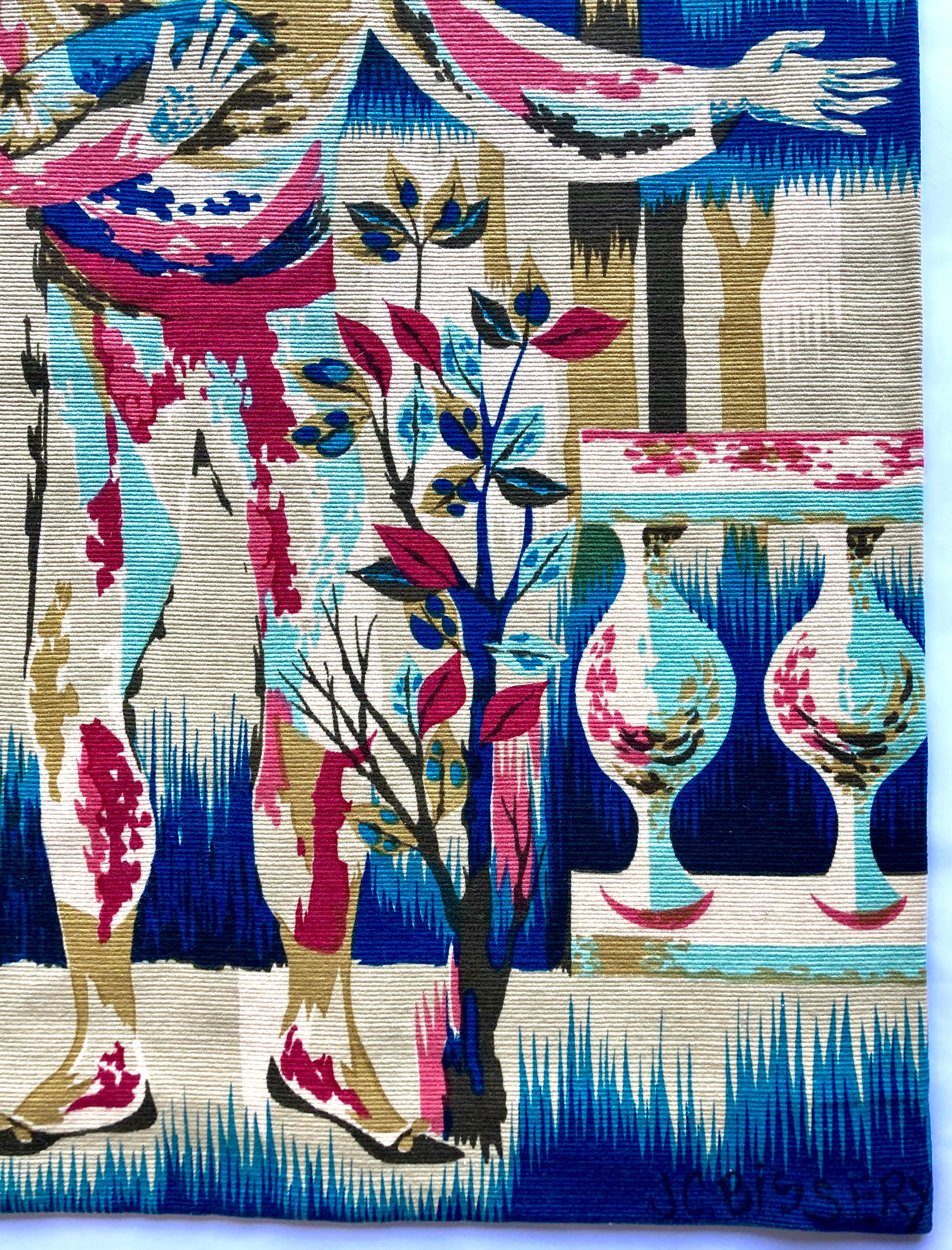 Vintage 1960s Hand-Printed French Wall Tapestry in Wool Signed by J.C. Bissery  For Sale 5