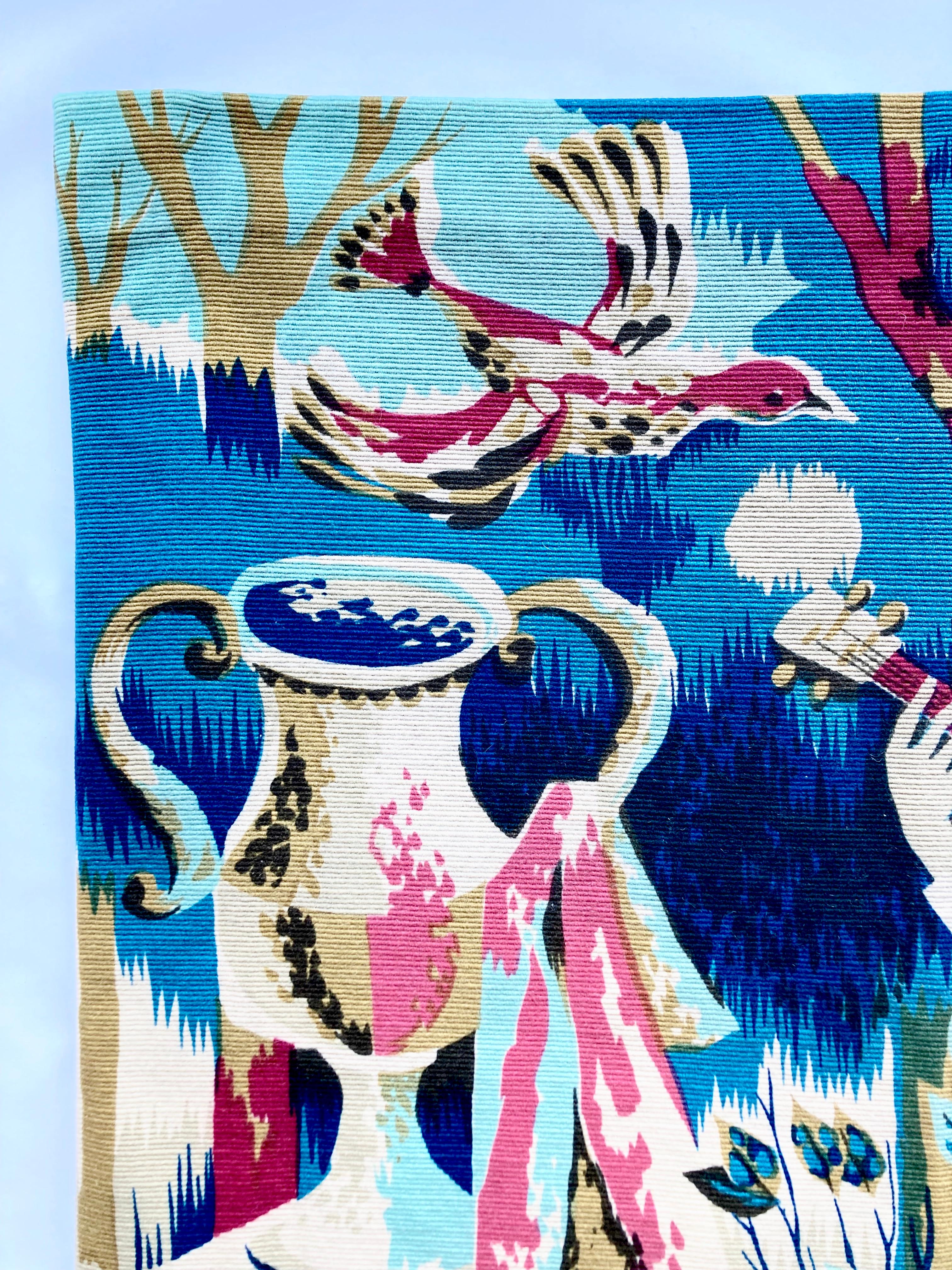 Vintage 1960er Jahre Hand gedruckt Französisch Wandteppich in Wolle signiert von J.C. Bisserei  (Gewebt) im Angebot