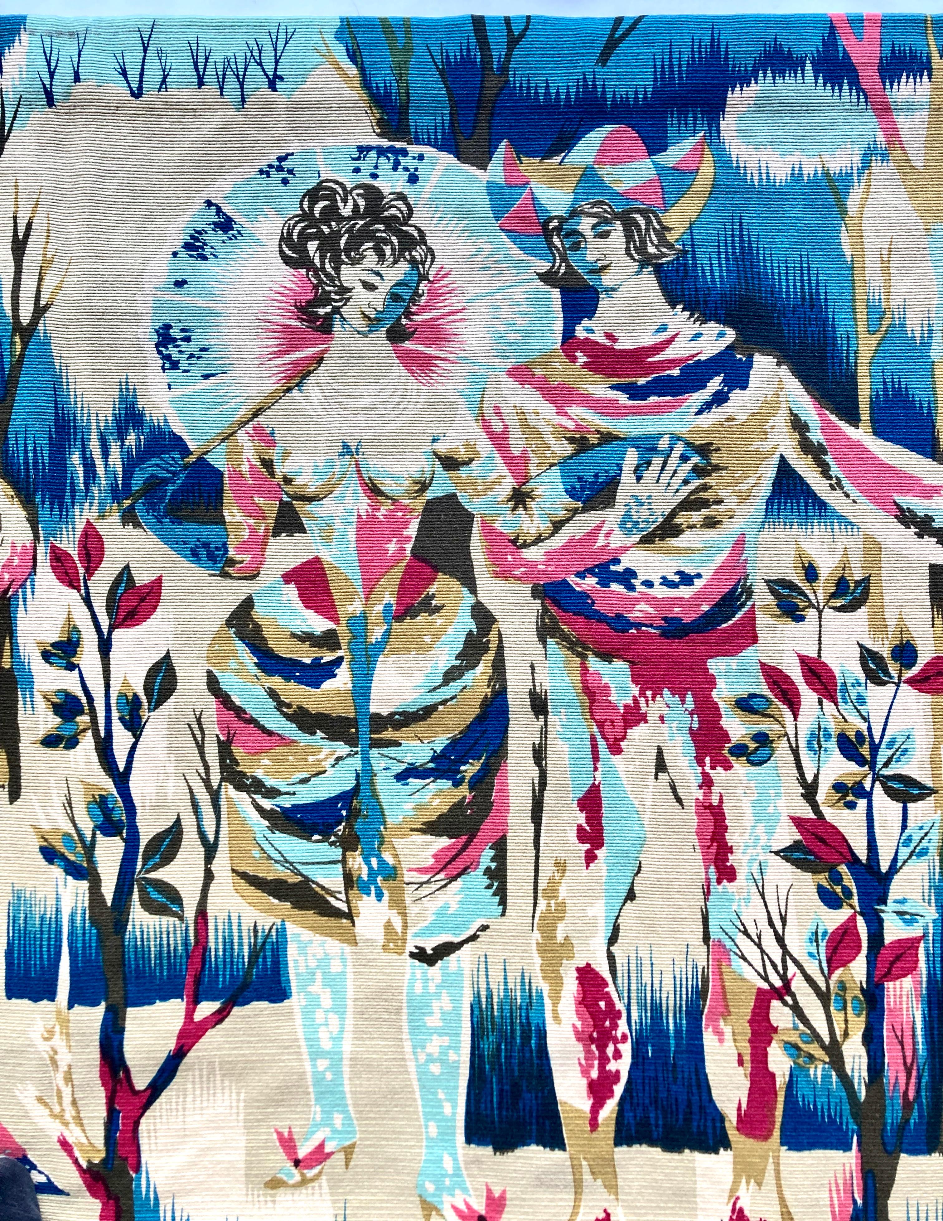 Milieu du XXe siècle Tapisserie murale française des années 1960 imprimée à la main en laine signée par J.C. Bissery  en vente
