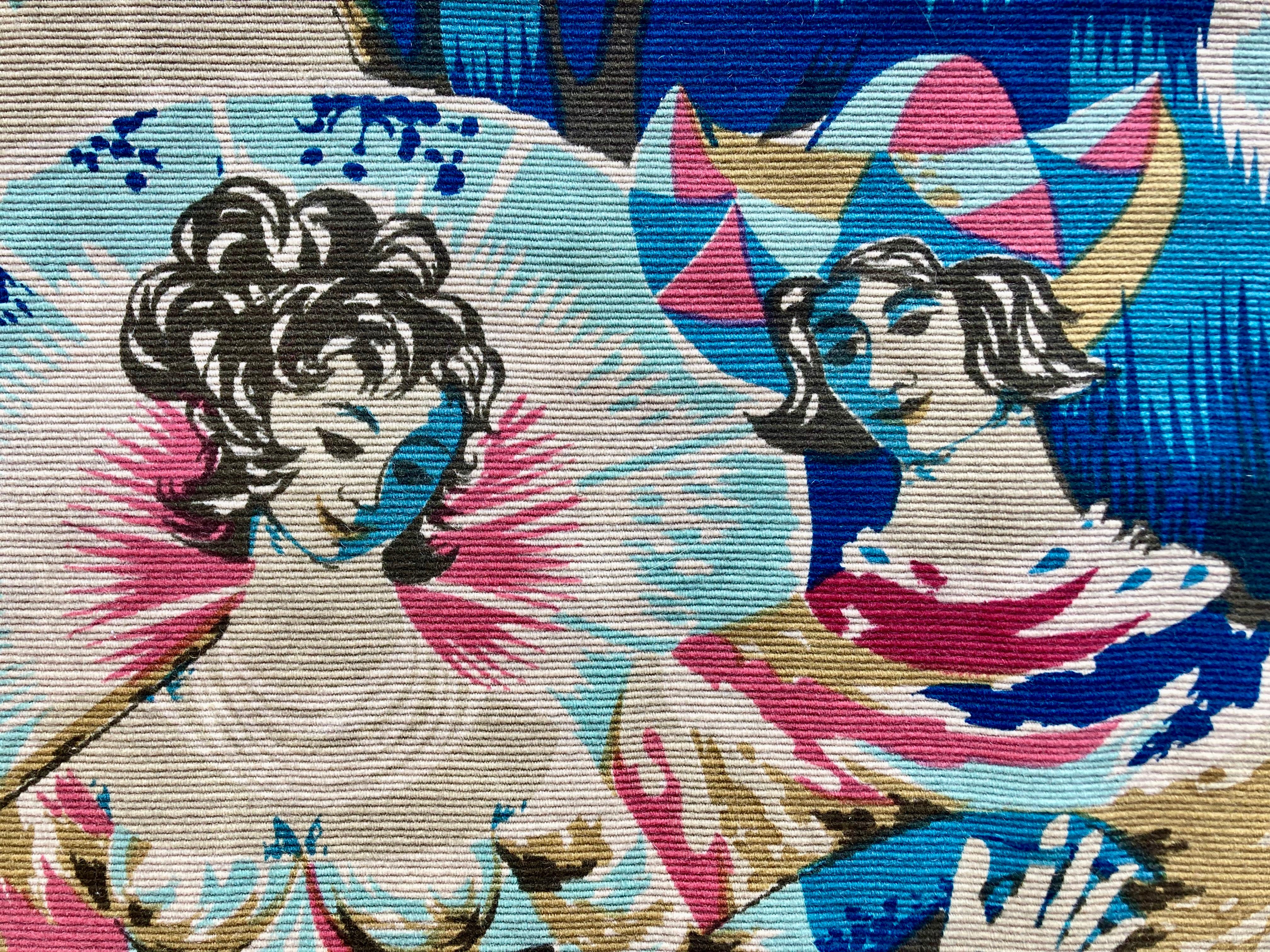 Laine Tapisserie murale française des années 1960 imprimée à la main en laine signée par J.C. Bissery  en vente