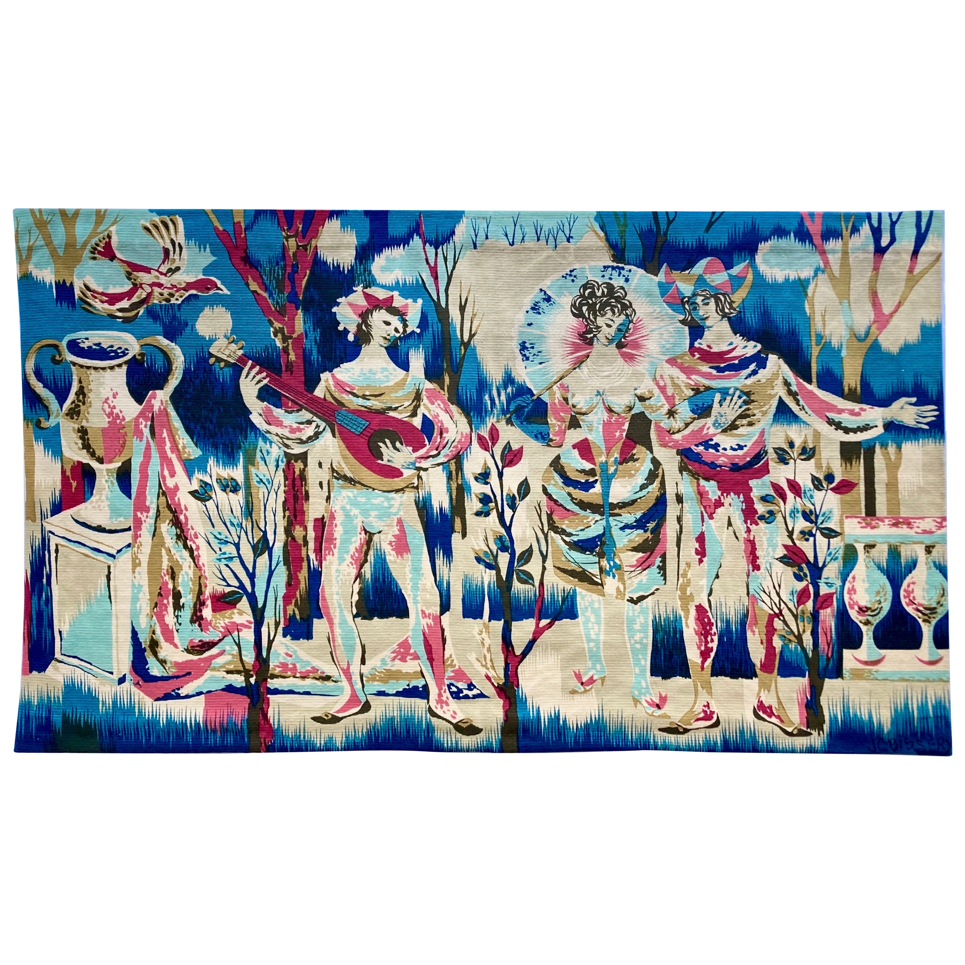 Vintage 1960s Hand-Printed French Wall Tapestry in Wool Signed by J.C. Bissery