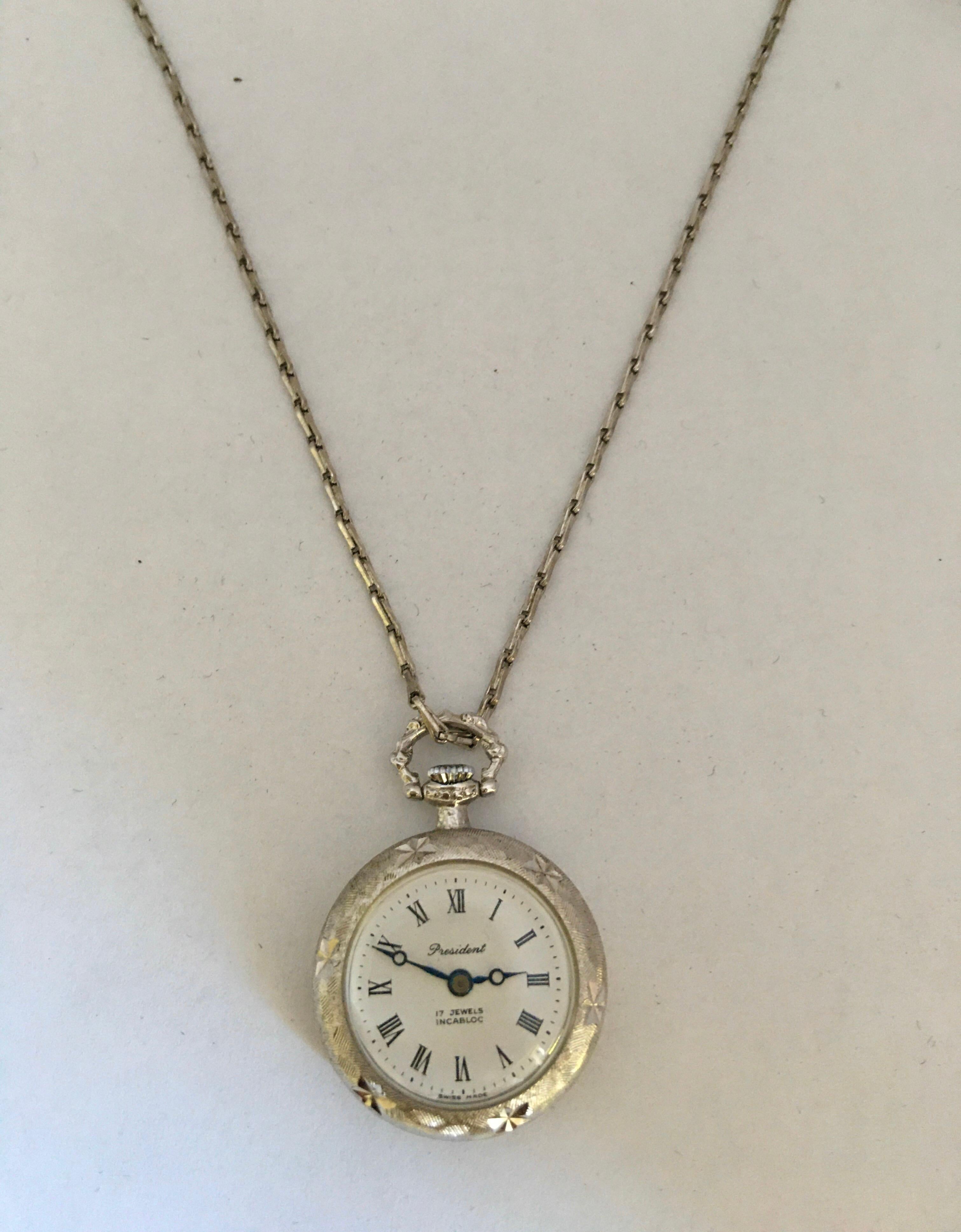 Vintage 1960s Hand-Winding Silver Plated Engraved Pendant Watch 5