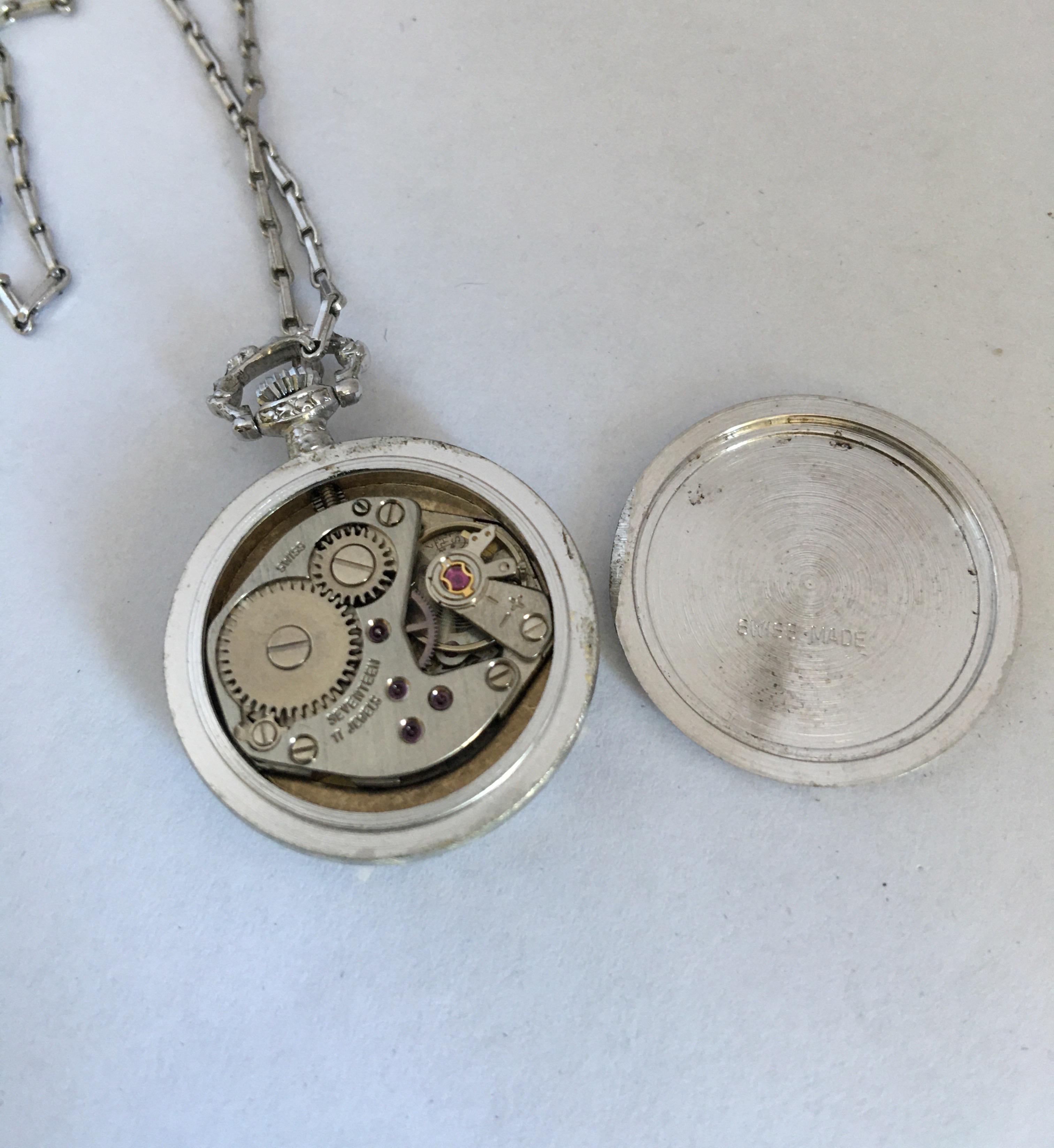 Vintage 1960s Hand-Winding Silver Plated Engraved Pendant Watch 9
