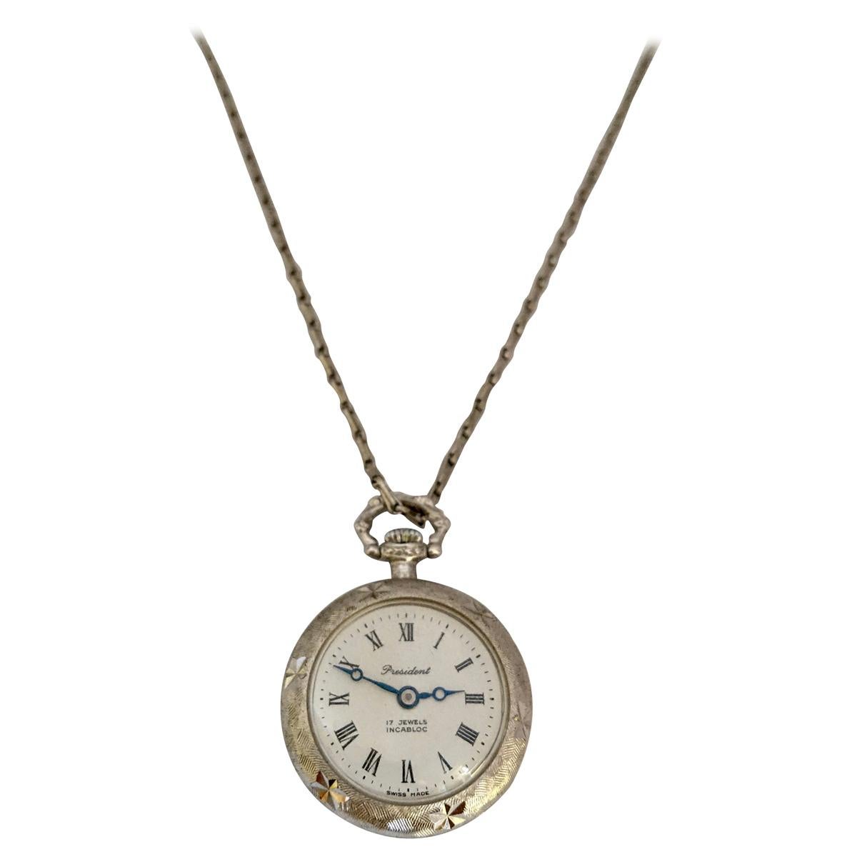 Vintage 1960s Hand-Winding Silver Plated Engraved Pendant Watch