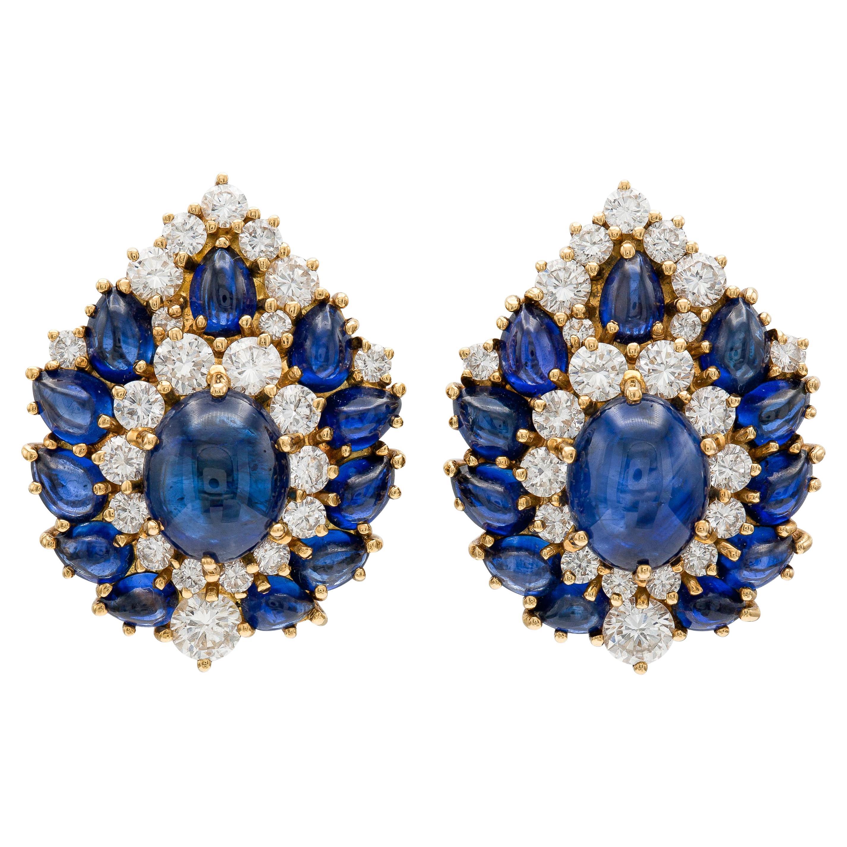 Vintage 1960s Harry Winston Cabochon Sapphire and Diamond Earrings