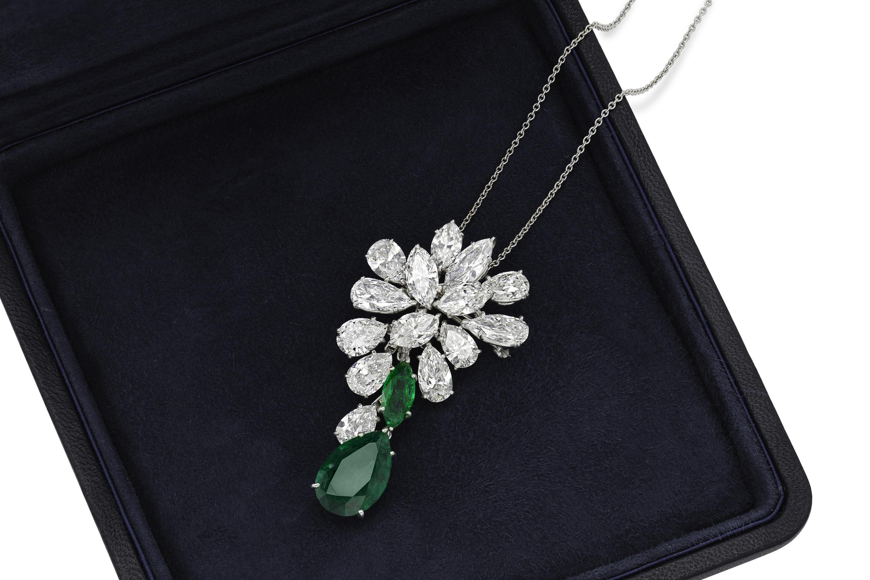 Vintage 1960er Harry Winston Diamant-Cluster- und Smaragd-Tropfen-Brosche/Anhänger Damen im Angebot