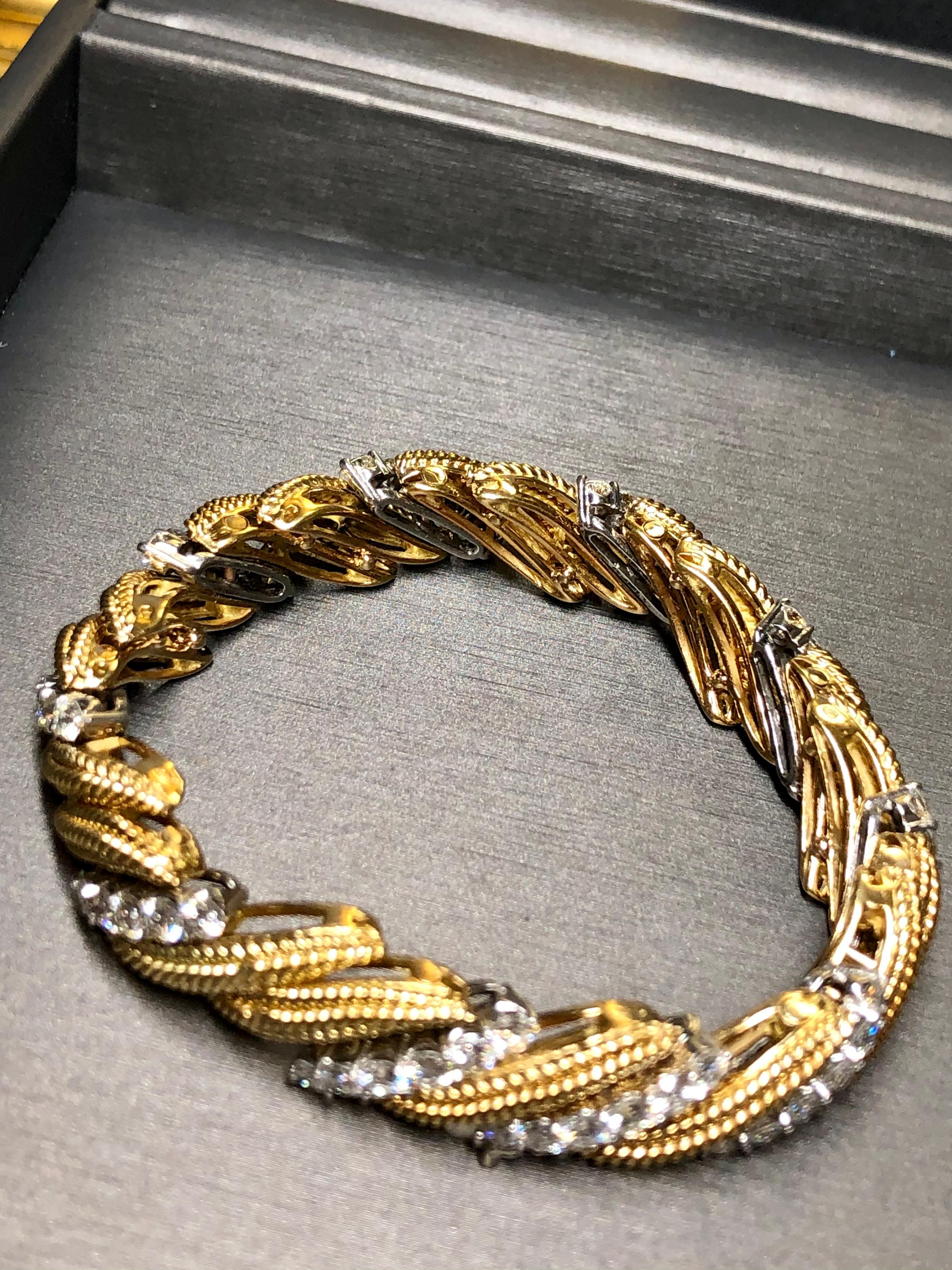 Brazalete de cuerda de diamantes de 18 quilates vintage de los años 60 6 ct F Vs Cierre oculto 6,75 Corte redondo en venta