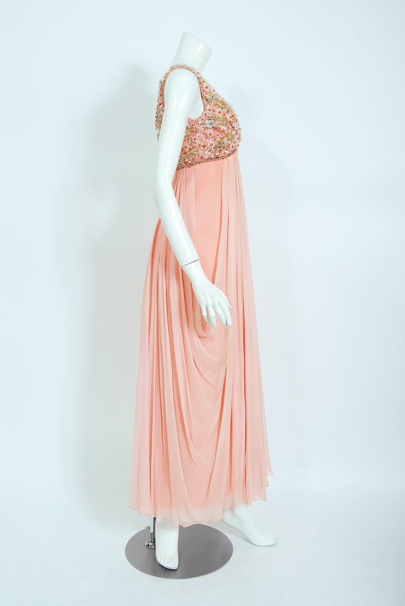 Women's Vintage 1960's Helen Rose Beaded Champagne Pink Silk-Chiffon Draped Goddess Gown