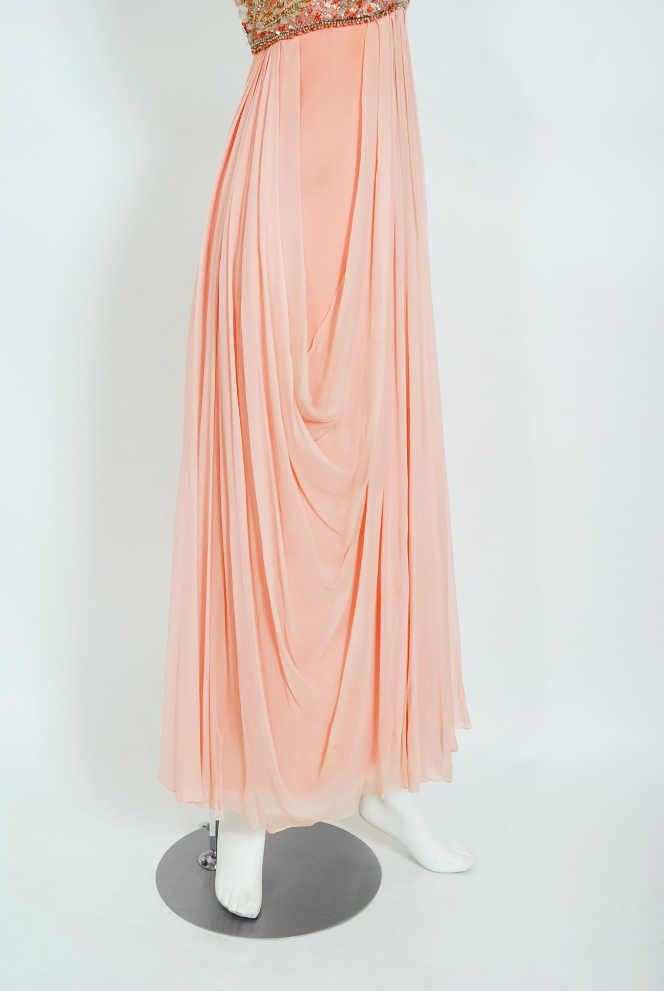 Vintage 1960's Helen Rose Beaded Champagne Pink Silk-Chiffon Draped Goddess Gown 1