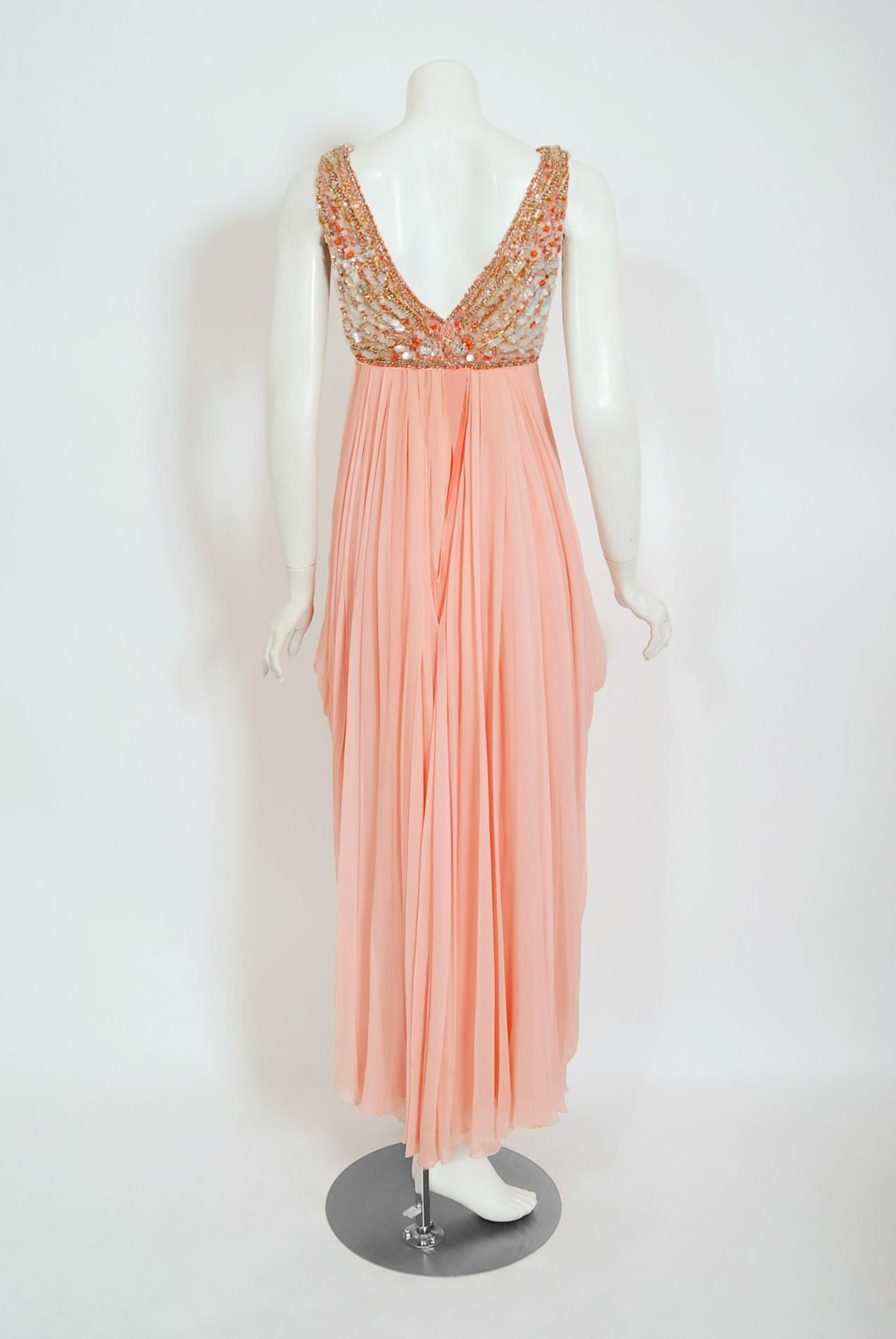Vintage 1960's Helen Rose Beaded Champagne Pink Silk-Chiffon Draped Goddess Gown 2