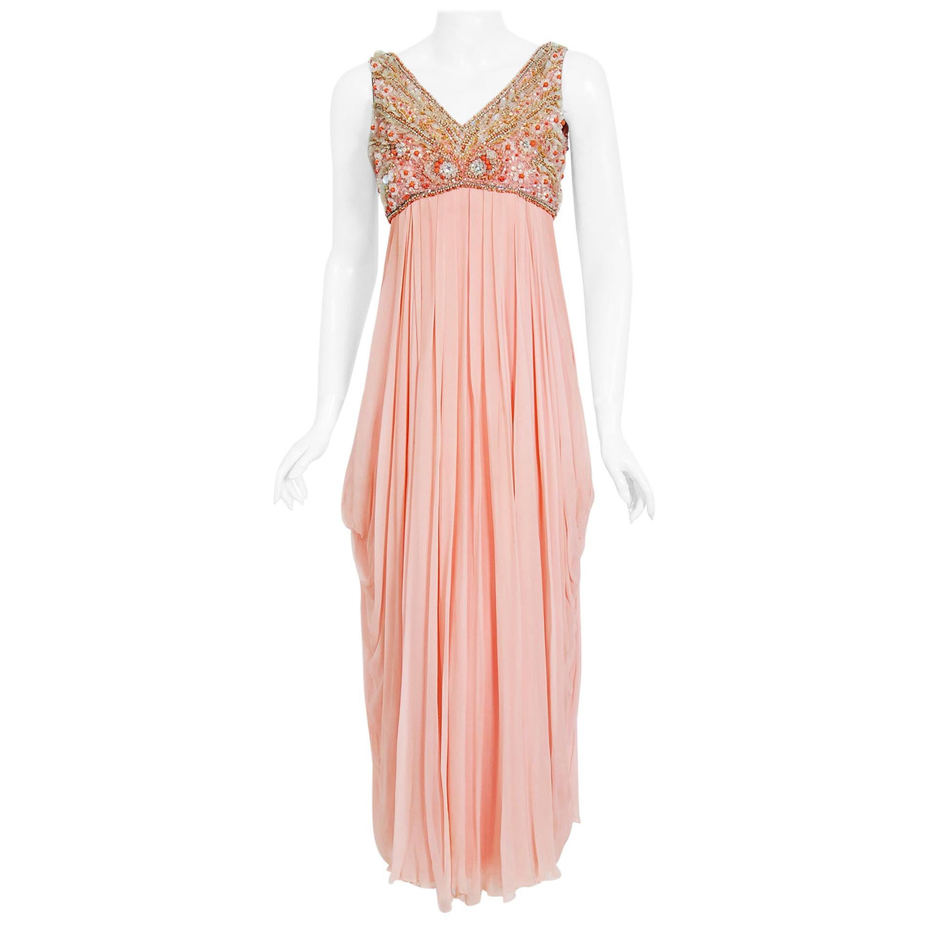 Vintage 1960's Helen Rose Beaded Champagne Pink Silk-Chiffon Draped Goddess Gown