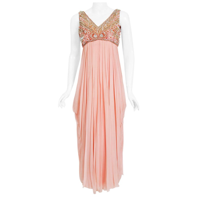 Vintage 1960's Helen Rose Beaded Champagne Pink Silk-Chiffon Draped Goddess  Gown at 1stDibs | beaded champagne gown