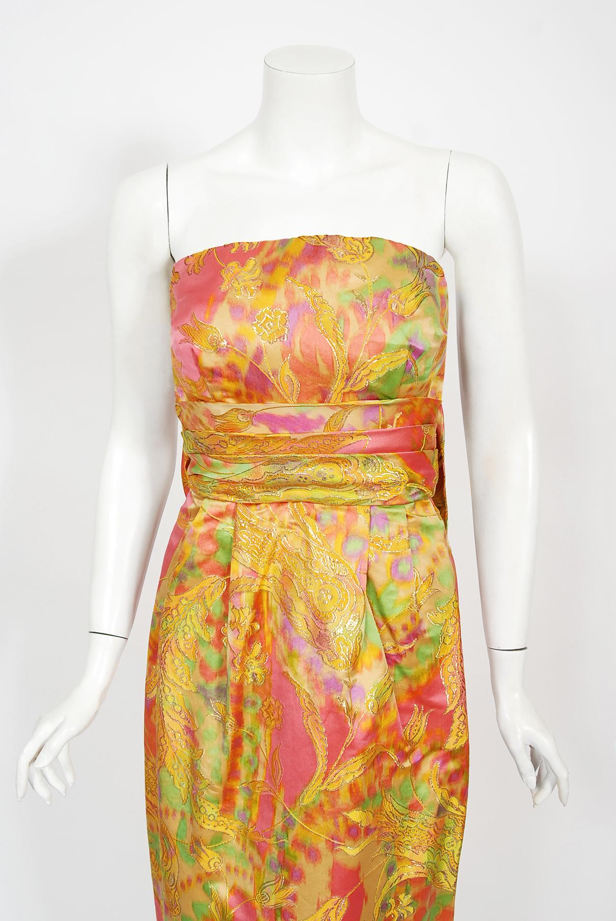 Breathtaking and incredibly chic Helen Rose couture colorful metallic silk-brocade glamour gown dating back to the mid 1960's. Helen Rose won two Academy Awards for Best Costume Design: 