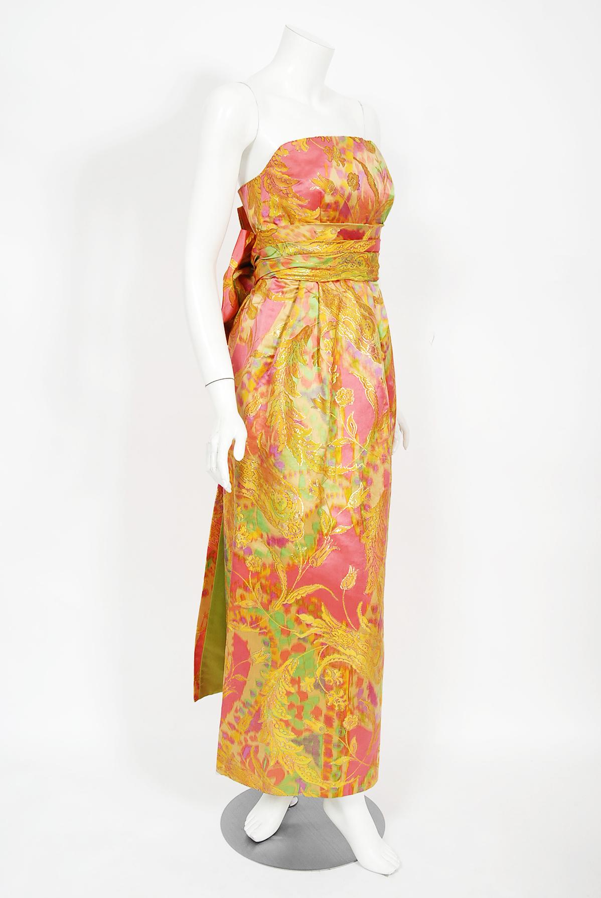 Women's Vintage 1960's Helen Rose Couture Colorful Metallic Silk-Brocade Strapless Gown