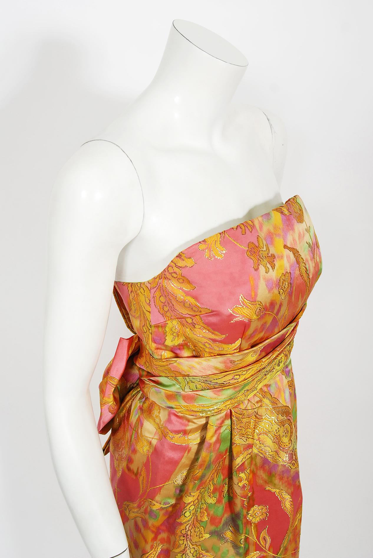 Vintage 1960's Helen Rose Couture Colorful Metallic Silk-Brocade Strapless Gown 1