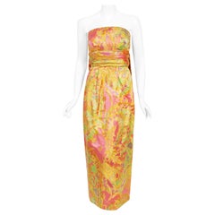 Vintage 1960's Helen Rose Couture Colorful Metallic Silk-Brocade Strapless Gown