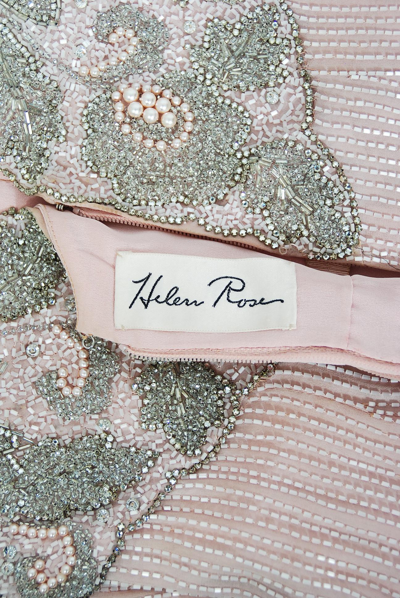 Vintage 1960's Helen Rose Couture Fully-Beaded Blush Pink Silk Hourglass Dress For Sale 5