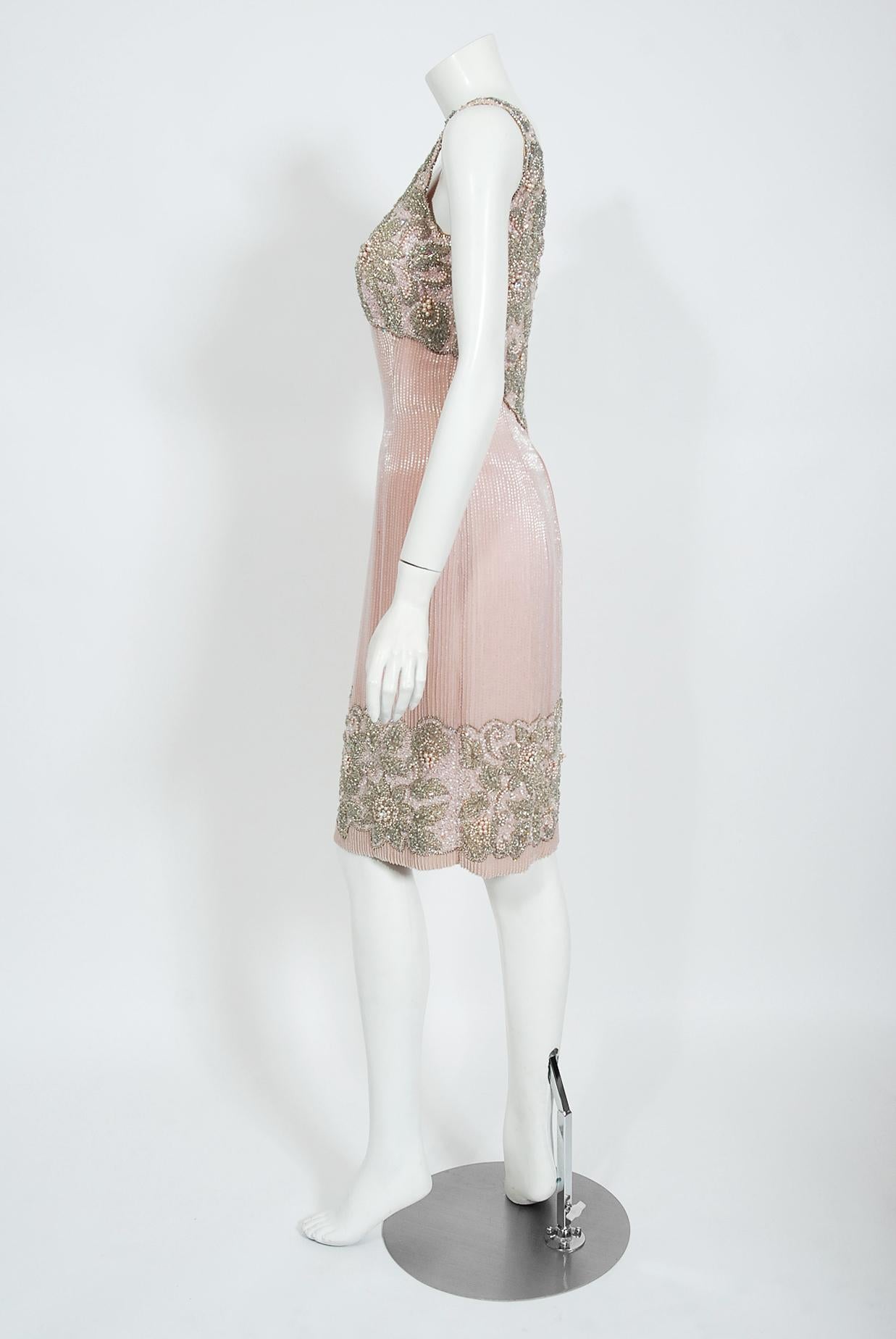 Women's Vintage 1960's Helen Rose Couture Fully-Beaded Blush Pink Silk Hourglass Dress For Sale