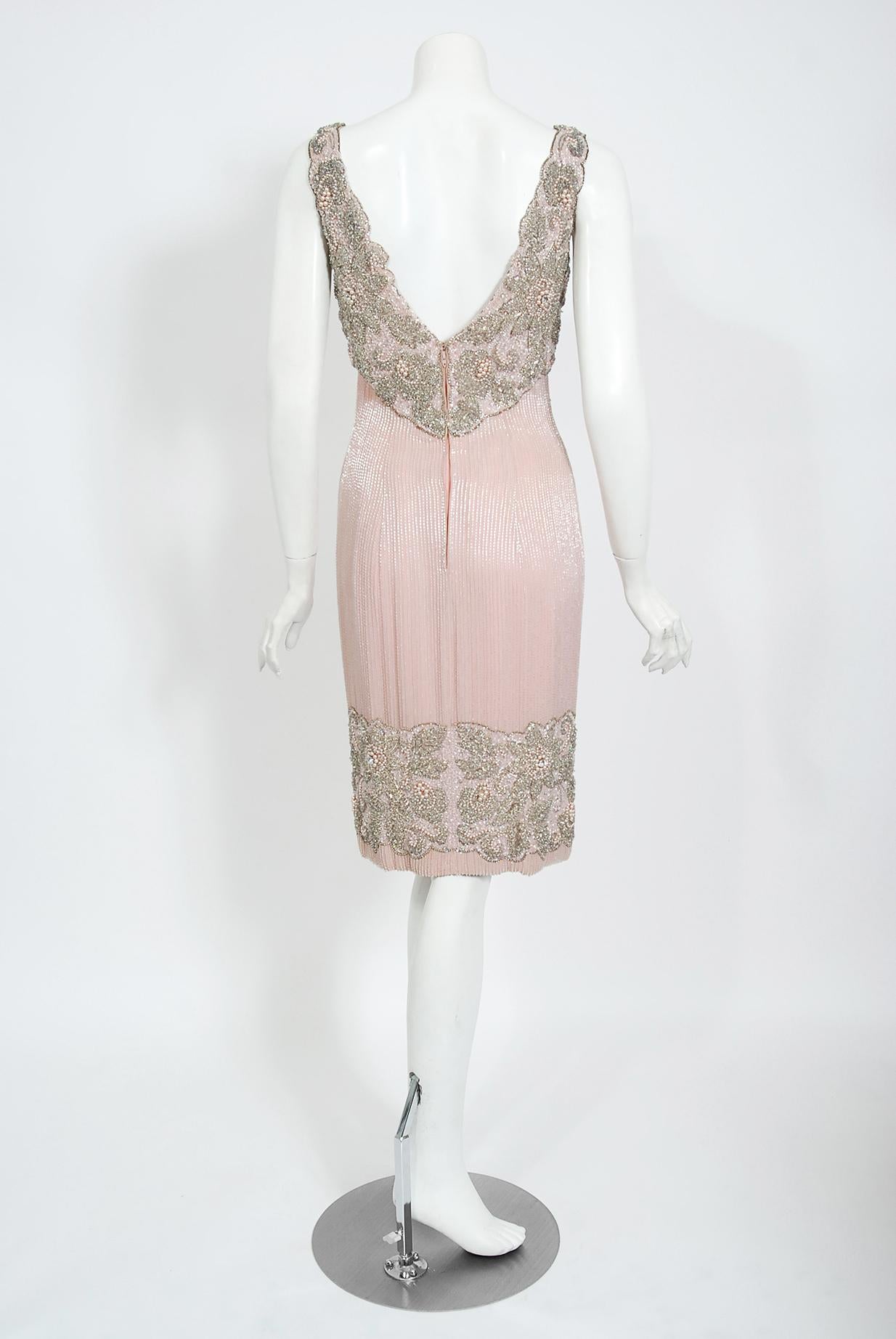 Vintage 1960's Helen Rose Couture Fully-Beaded Blush Pink Silk Hourglass Dress For Sale 2