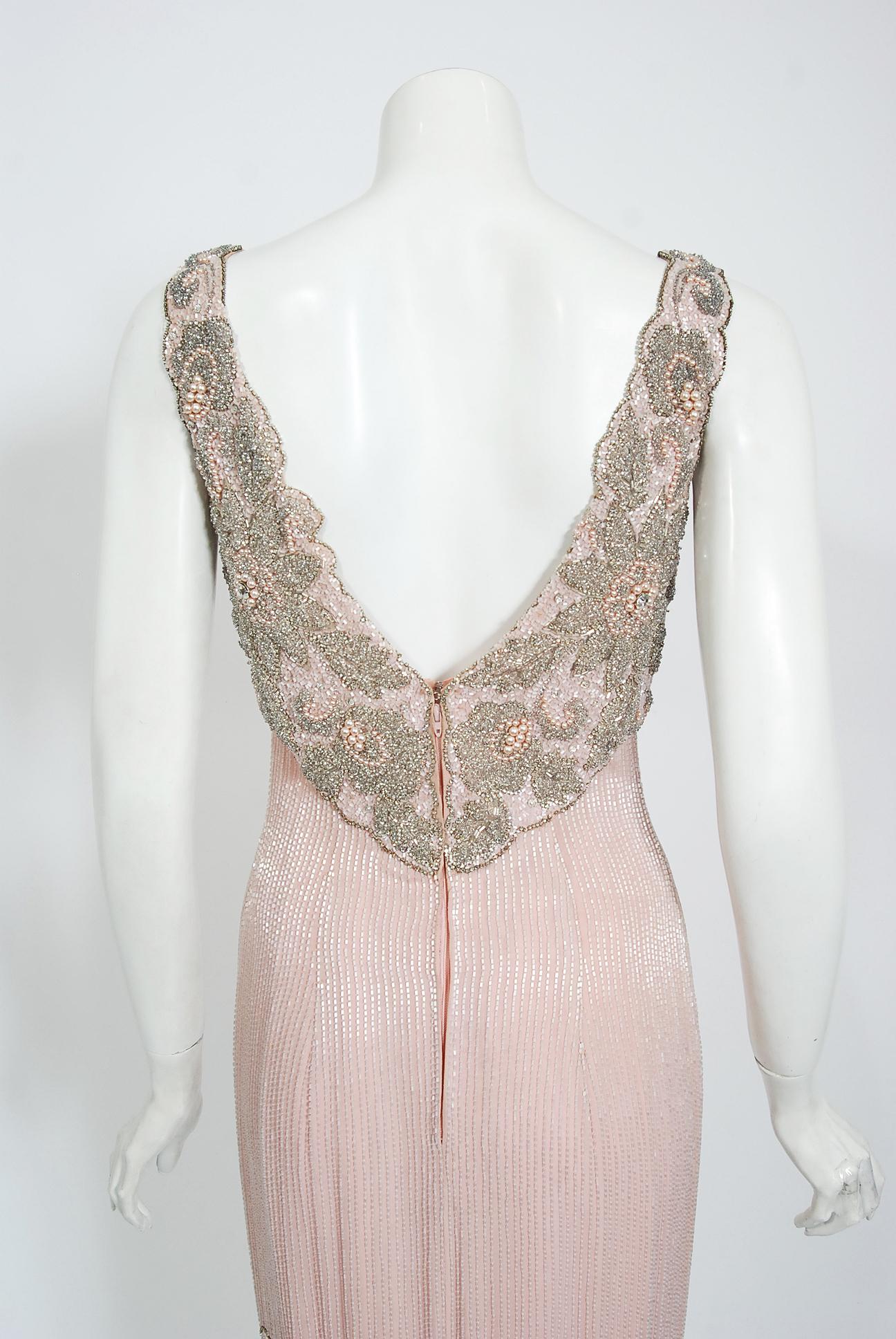 Vintage 1960's Helen Rose Couture Fully-Beaded Blush Pink Silk Hourglass Dress For Sale 3