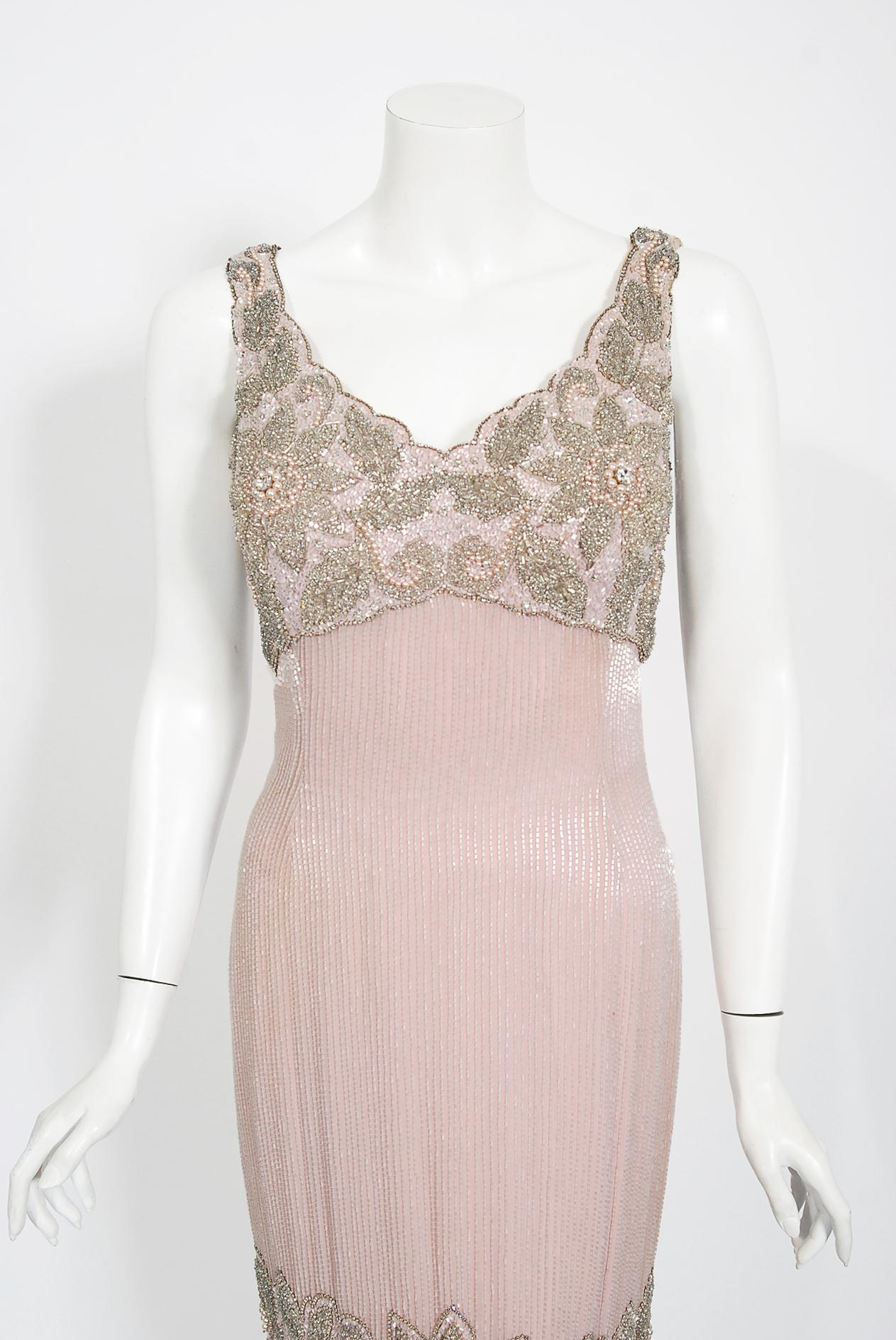 Breathtaking and incredibly rare Helen Rose designer couture blush-pink beaded cocktail dress dating back to the early 1960's Old Hollywood era. Helen Rose won two Academy Awards for Best Costume Design: for 